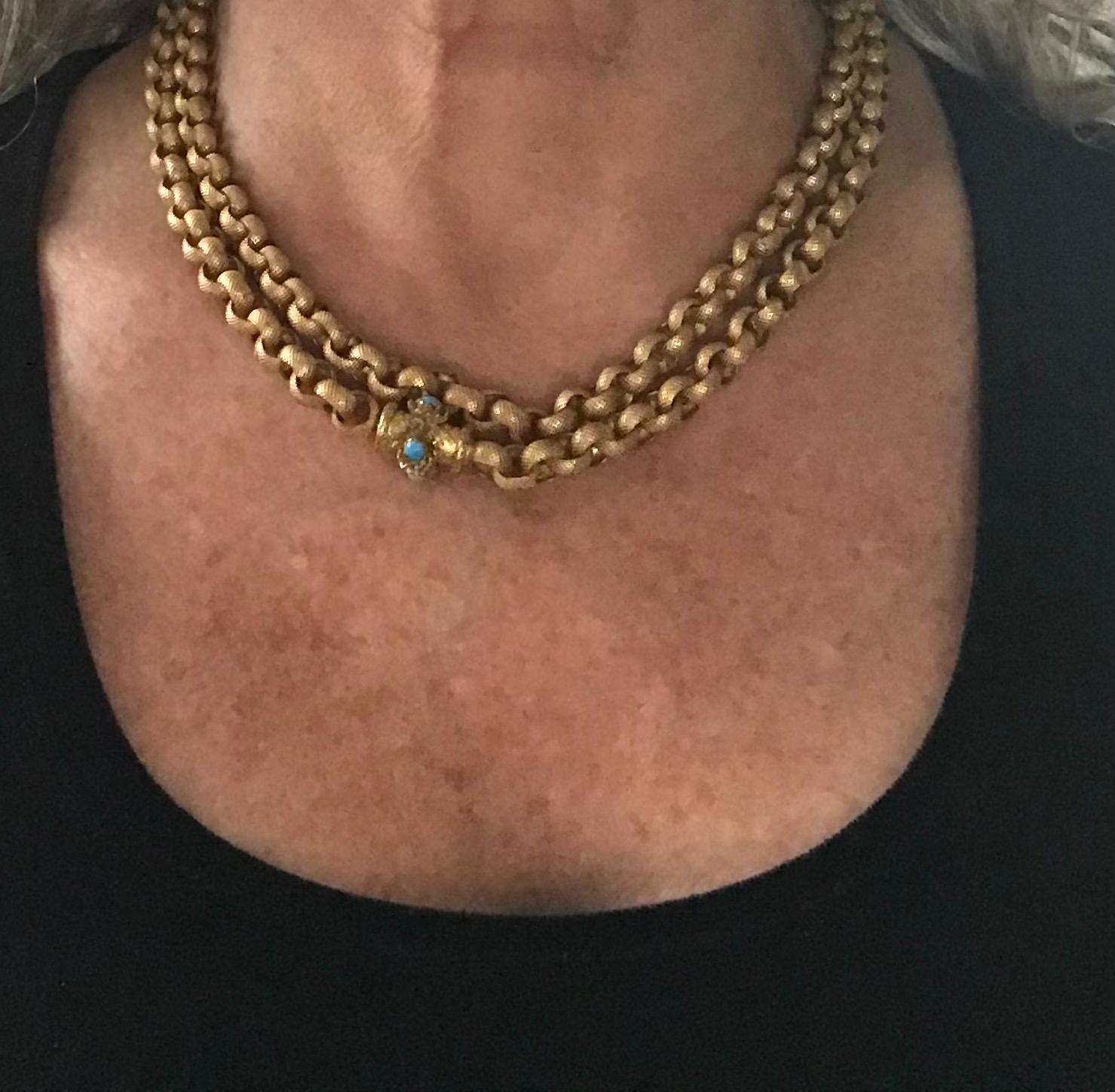 Pinchbeck Muff Chain with Barrel Clasp and Turquoise Stones, circa 1830 2