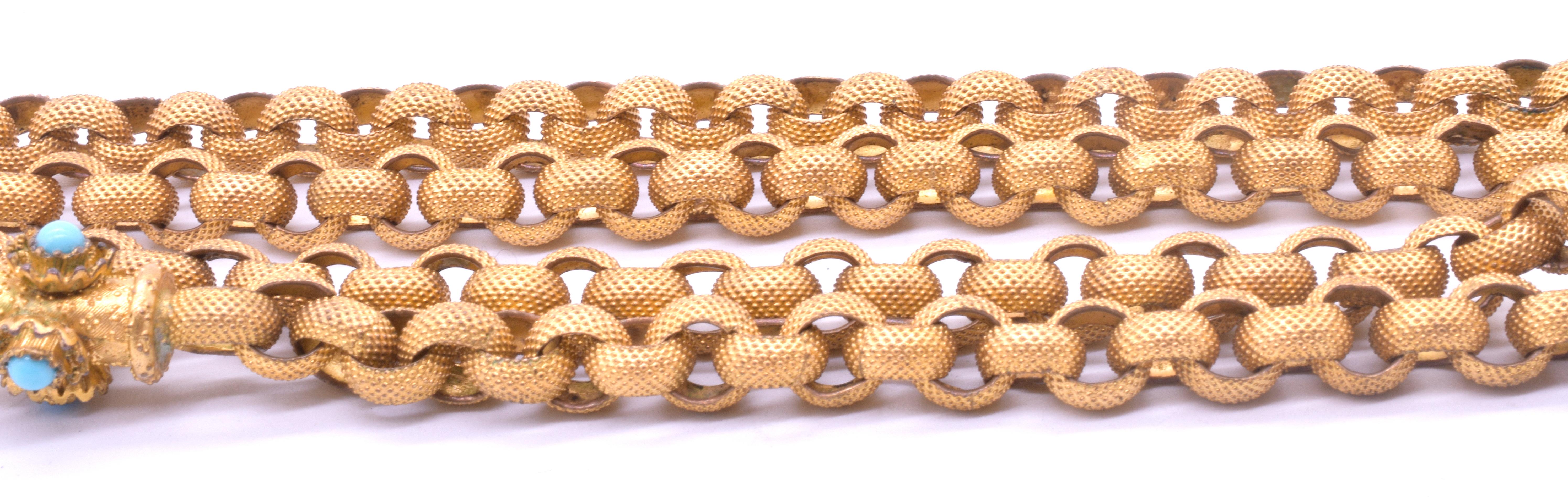 Georgian Pinchbeck Muff Chain with Barrel Clasp and Turquoise Stones, circa 1830