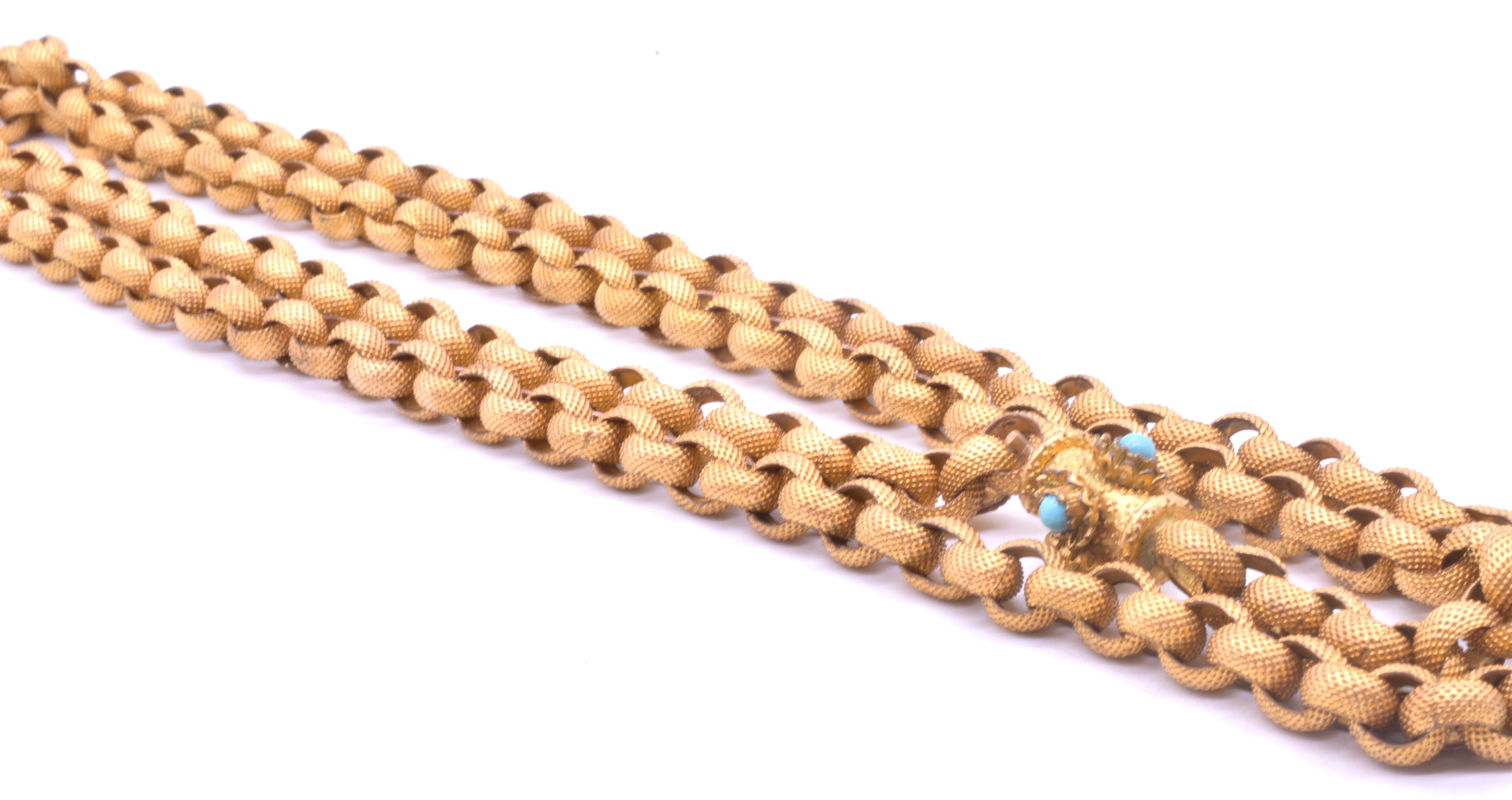 Cabochon Pinchbeck Muff Chain with Barrel Clasp and Turquoise Stones, circa 1830