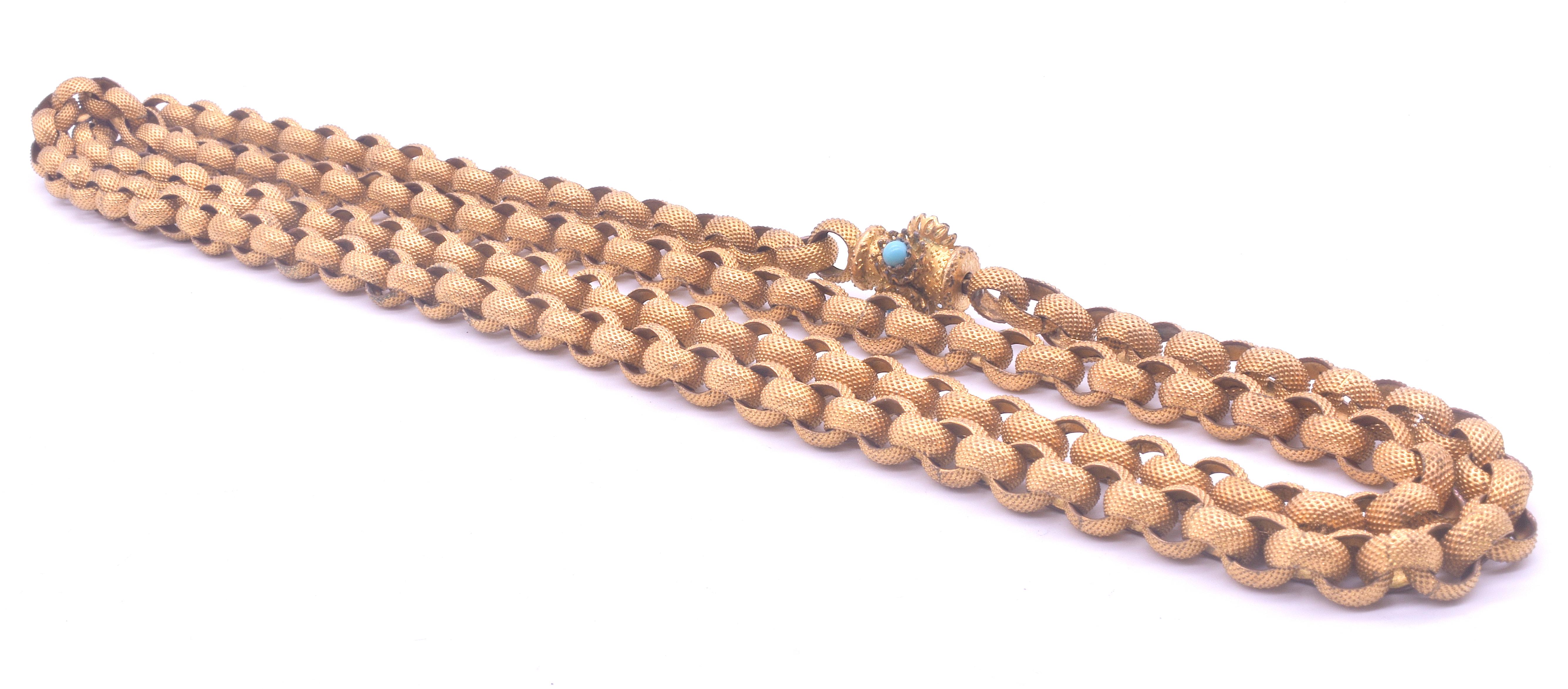Pinchbeck Muff Chain with Barrel Clasp and Turquoise Stones, circa 1830 In Excellent Condition In Baltimore, MD