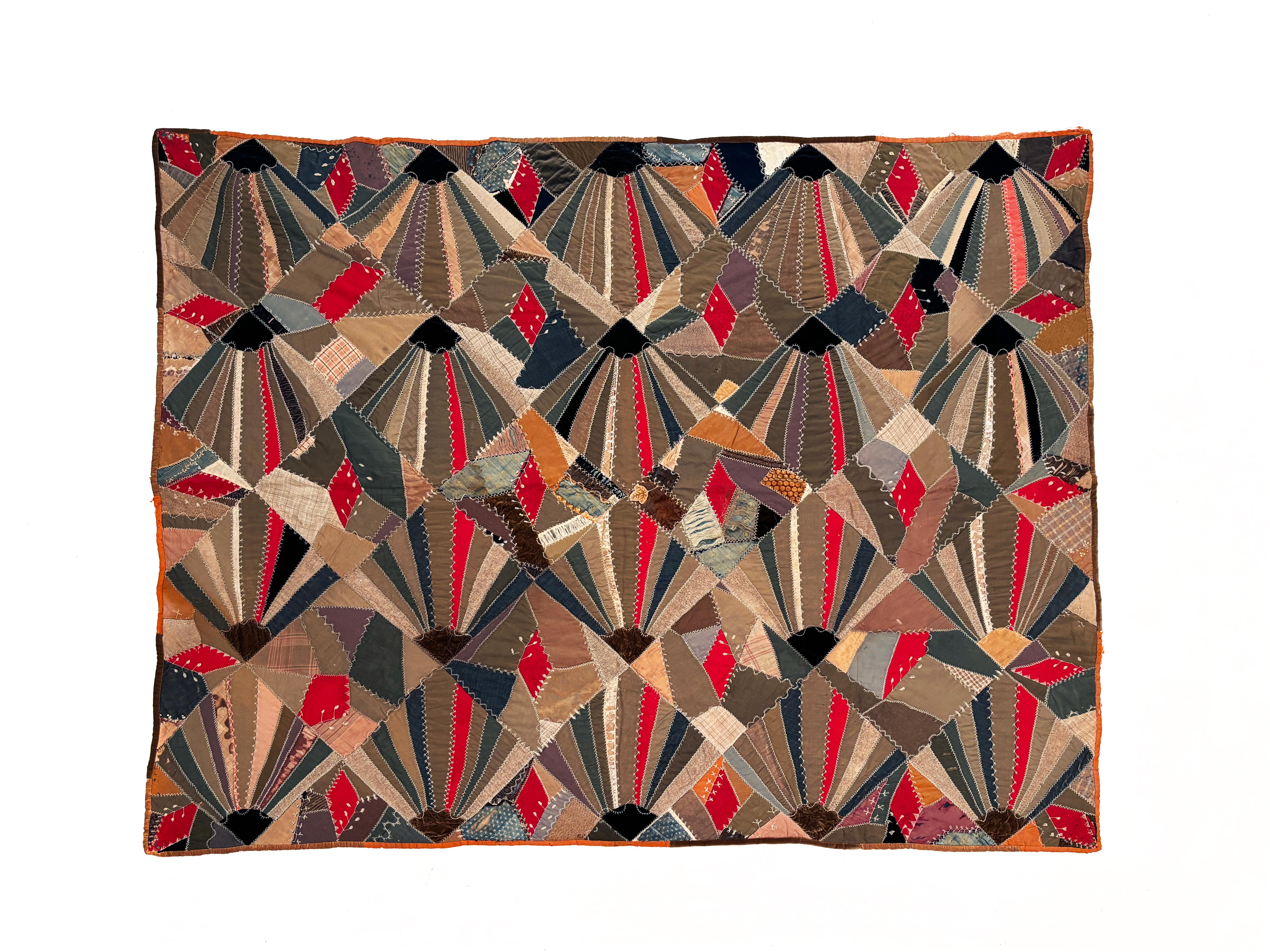 ca. 1830 Crazy Quilt in Taupen, Braun-, Marine- und Rottönen, Samt, Leinen, Baumwolle im Angebot 12