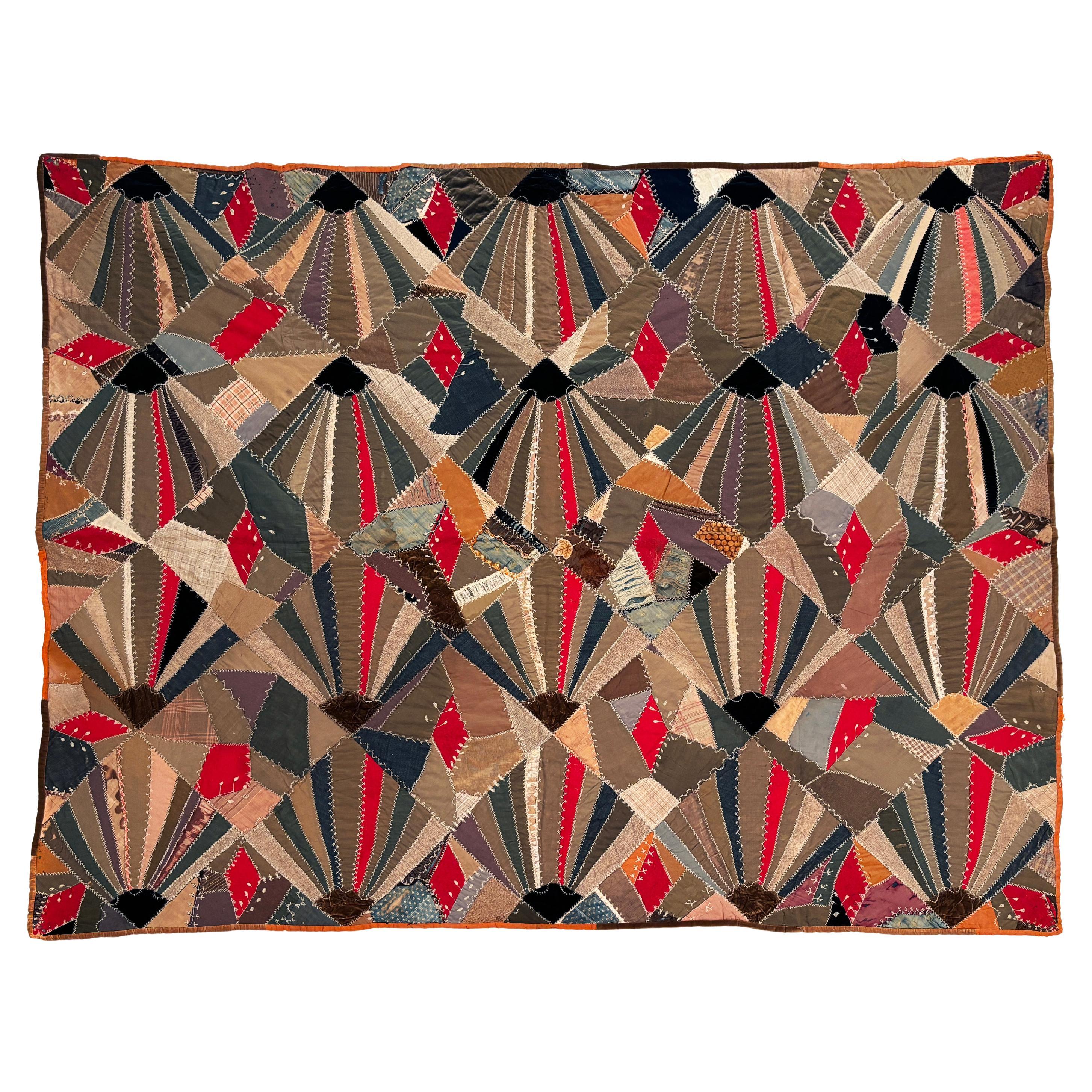 c.1830's Crazy Quilt in Taupes, Browns, Navy and Reds, Velvet, Linen, Cotton