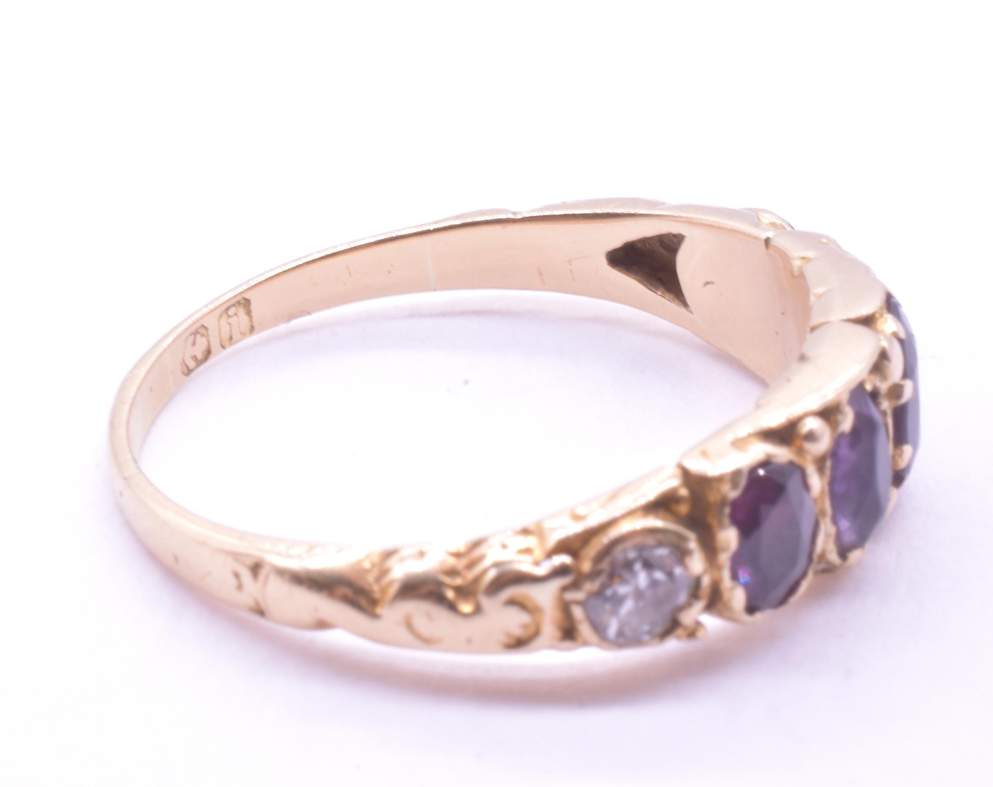 Femenino o masculino C1840 Anillo Regard de 15 quilates con rubí, esmeralda, granate, amatista, rubí y diamante en venta