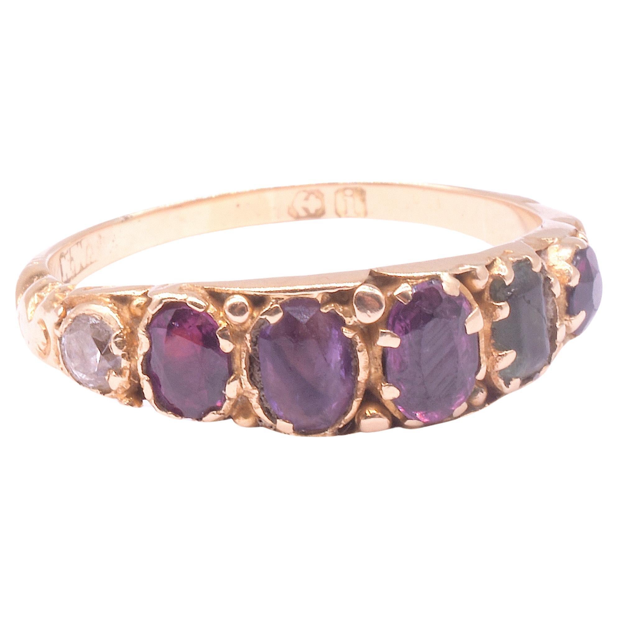 C1840 15K Regard Ring with Ruby, Emerald, Garnet, Amethyst, Ruby, Diamond