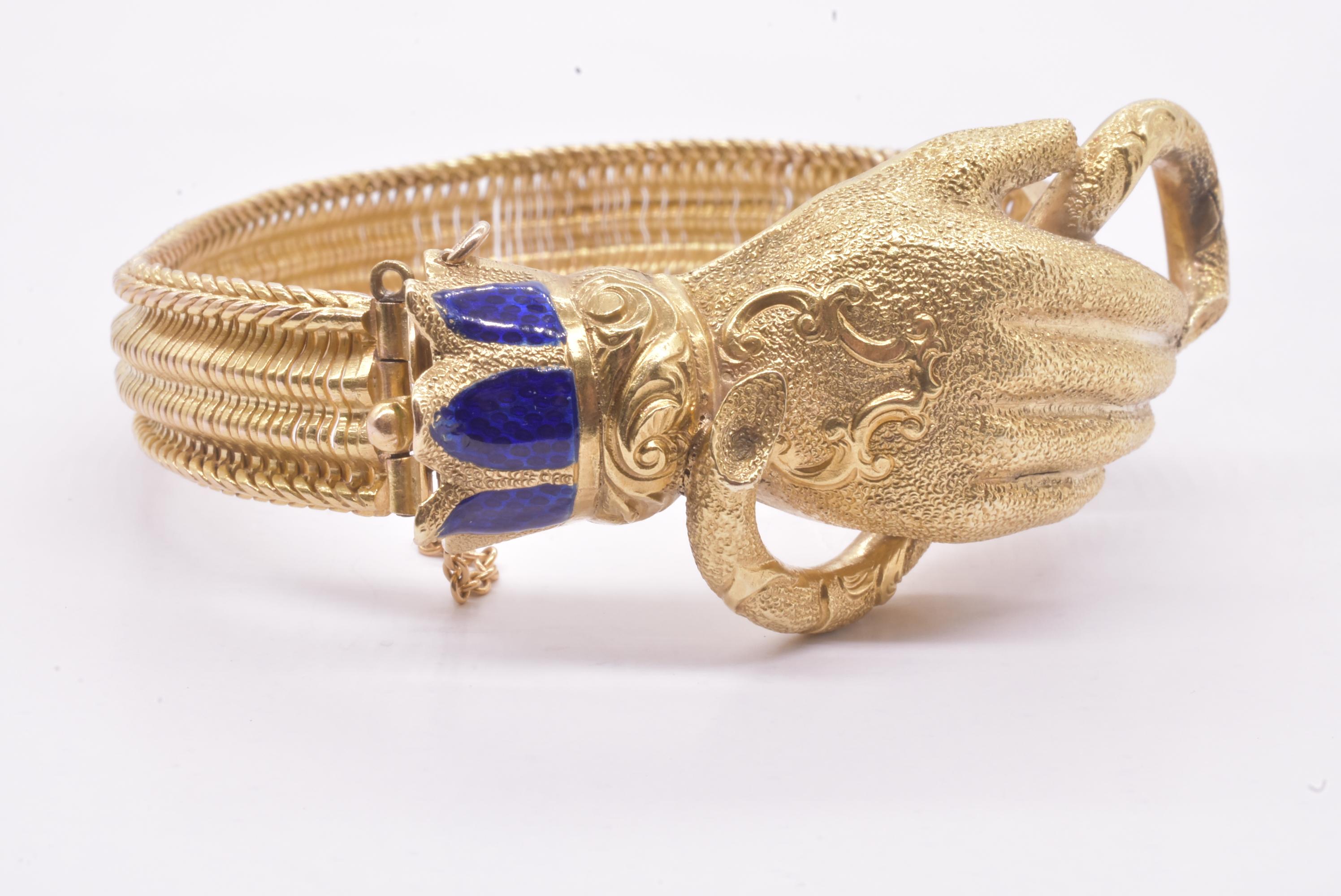 C1840 Antique 18k Figural Gloved Hand Bracelet W Guilloche Enamel Blue Cuffs z In Excellent Condition In Baltimore, MD
