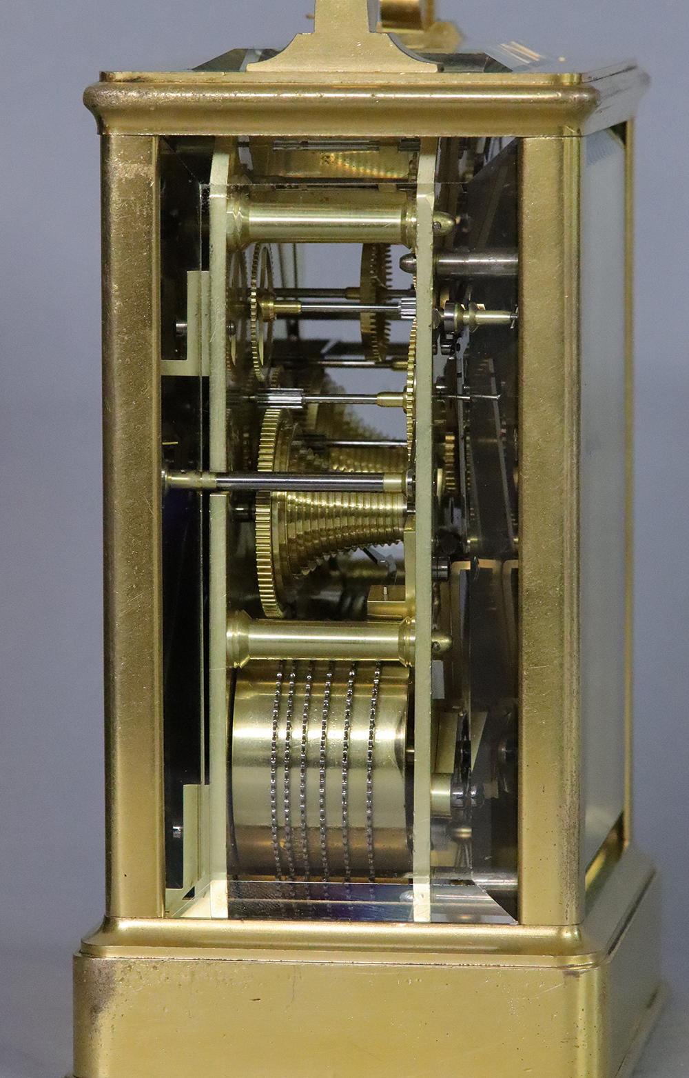 Maker: 
James McCabe, # 2748.

Description: 
A good English mid-19th century ormolu eight-day double fusee carriage clock.

Case: 
The typical McCabe case has beveled glasses to 4 sides, a folding handle with a reeded center and a lift-out