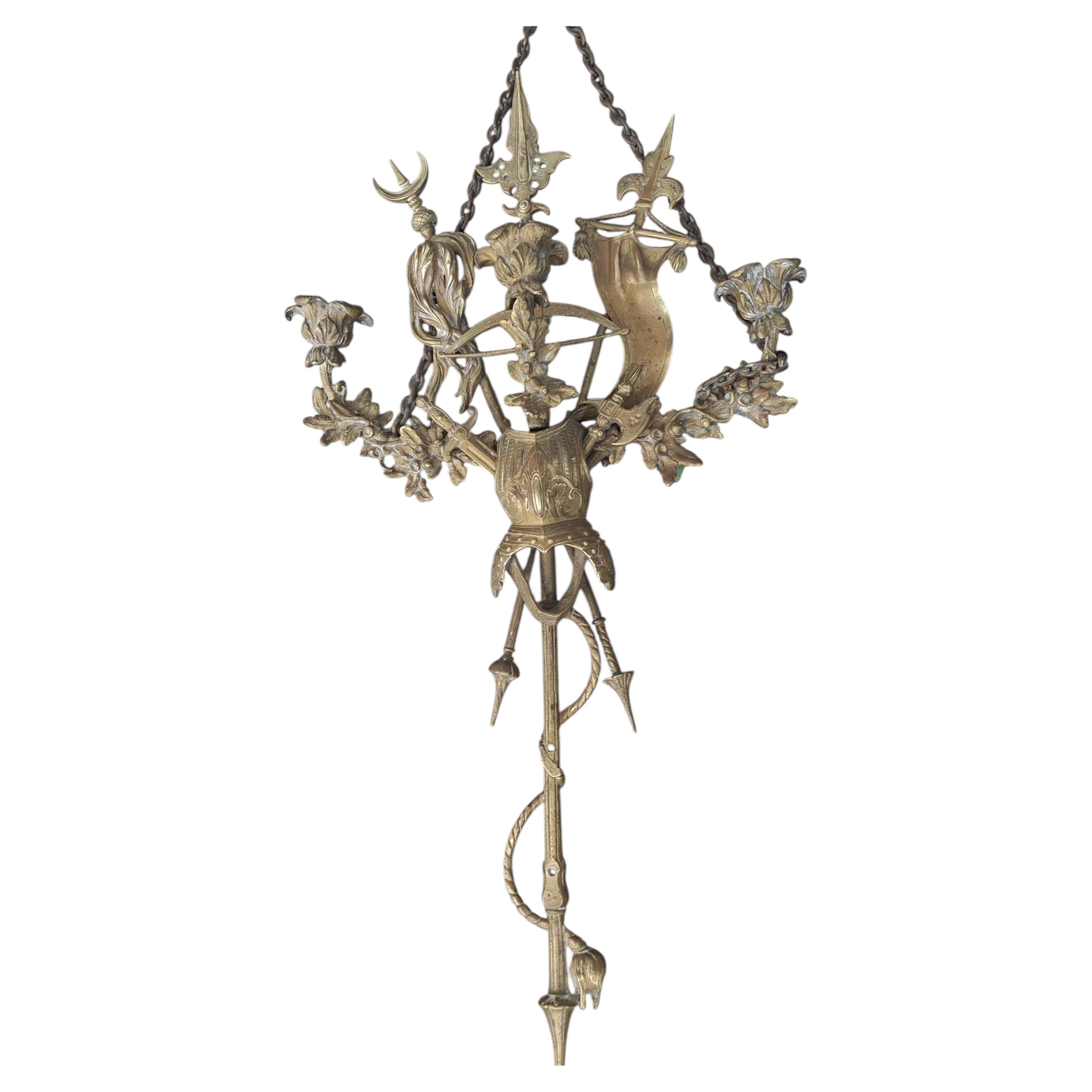 c1840 Large French Louis XIV Gilt Bronze Heraldic Castle Candle Wall Sconce