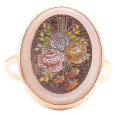 C1840 "Painted" Micro-mosaic Ring of a Colorful Floral Basket, size 6.25