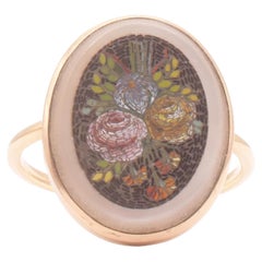 C1840 "Painted" Micro-mosaic Ring of a Colorful Floral Basket, size 6.25