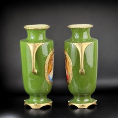 c.1846 Pair of Josef Strnact Portrait Vases, Green Ground & Gilt, Bohemia, 10.2