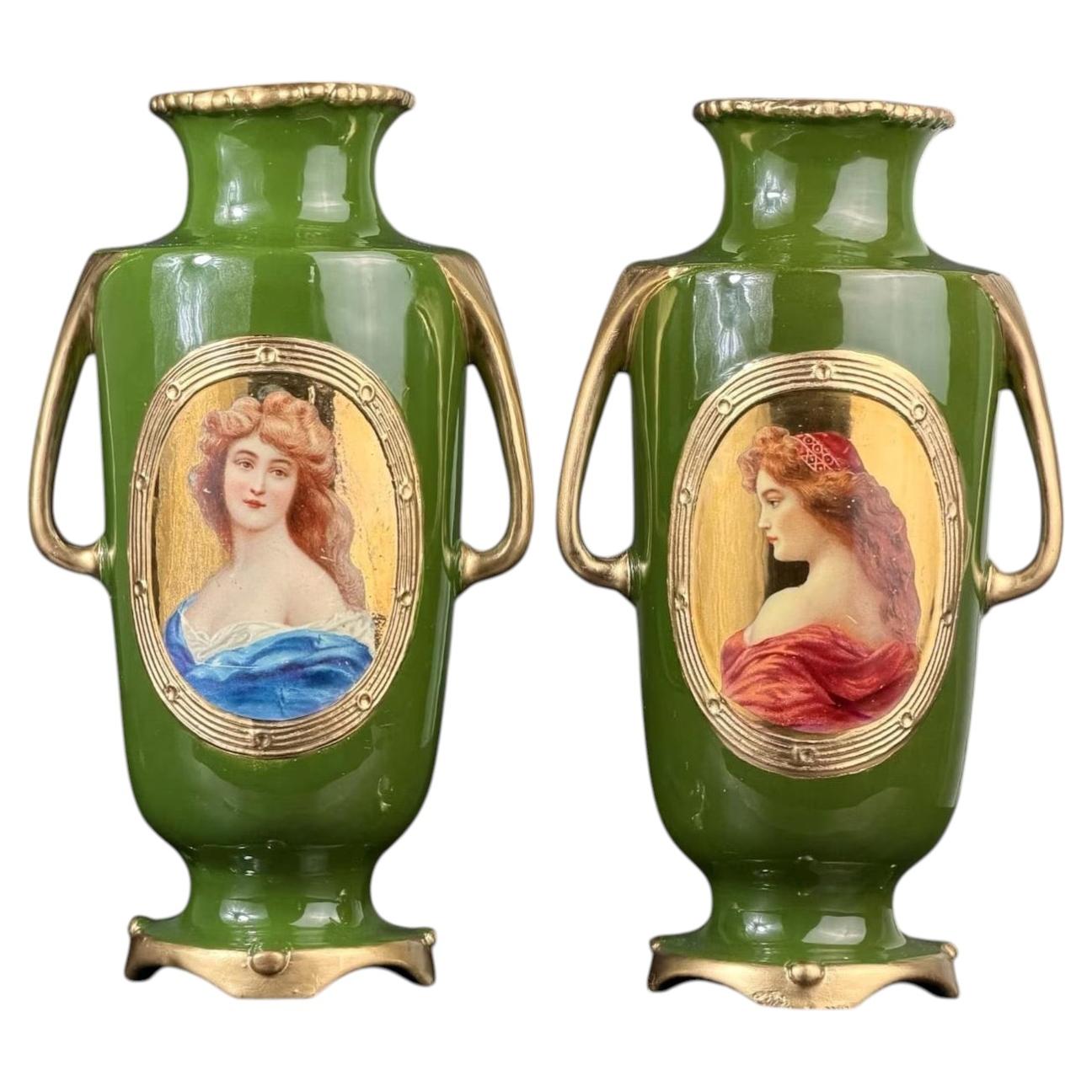 c.1846 Pair of Josef Strnact Portrait Vases, Green Ground & Gilt, Bohemia, 10.2 For Sale