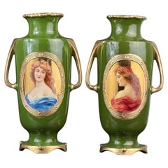 c.1846 Pair of Josef Strnact Portrait Vases, Green Ground & Gilt, Bohemia, 10.2