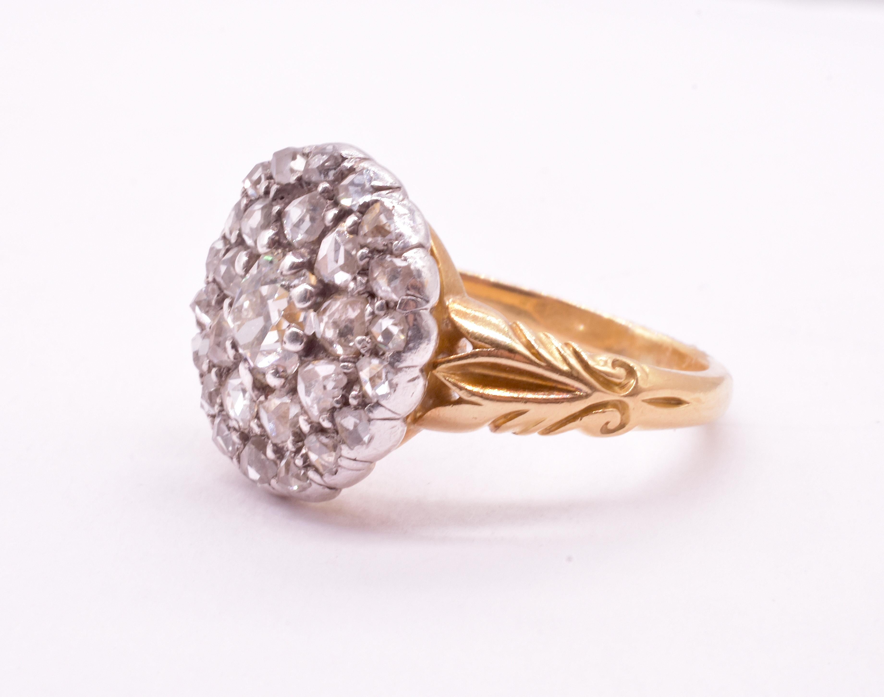 C1830 Old Cut and Rose Cut Late Georgian Diamond Cluster Ring In Excellent Condition For Sale In Baltimore, MD