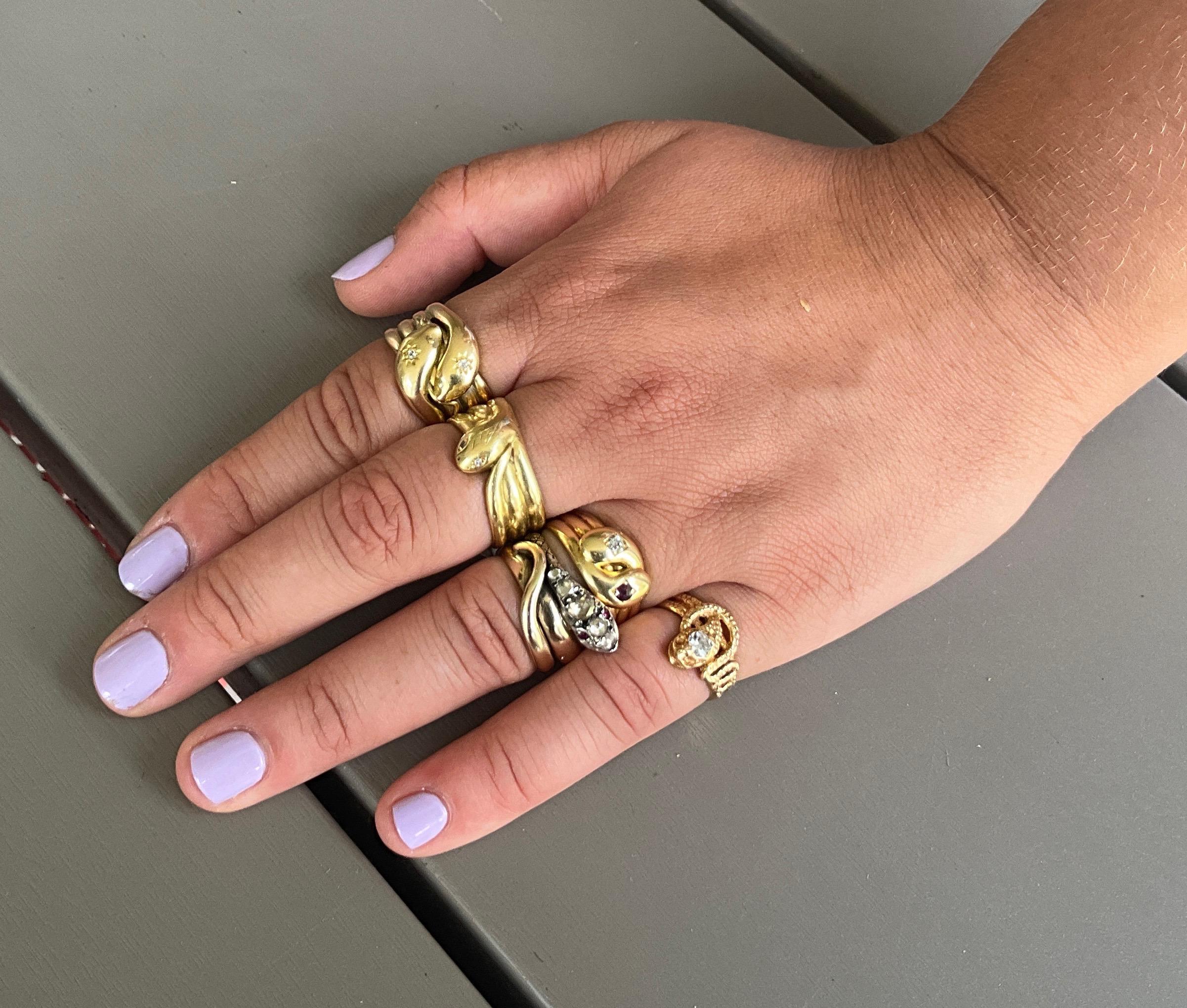 C1850 18K Snake Ring Adorned with Rose Diamonds and Ruby Eyes 4