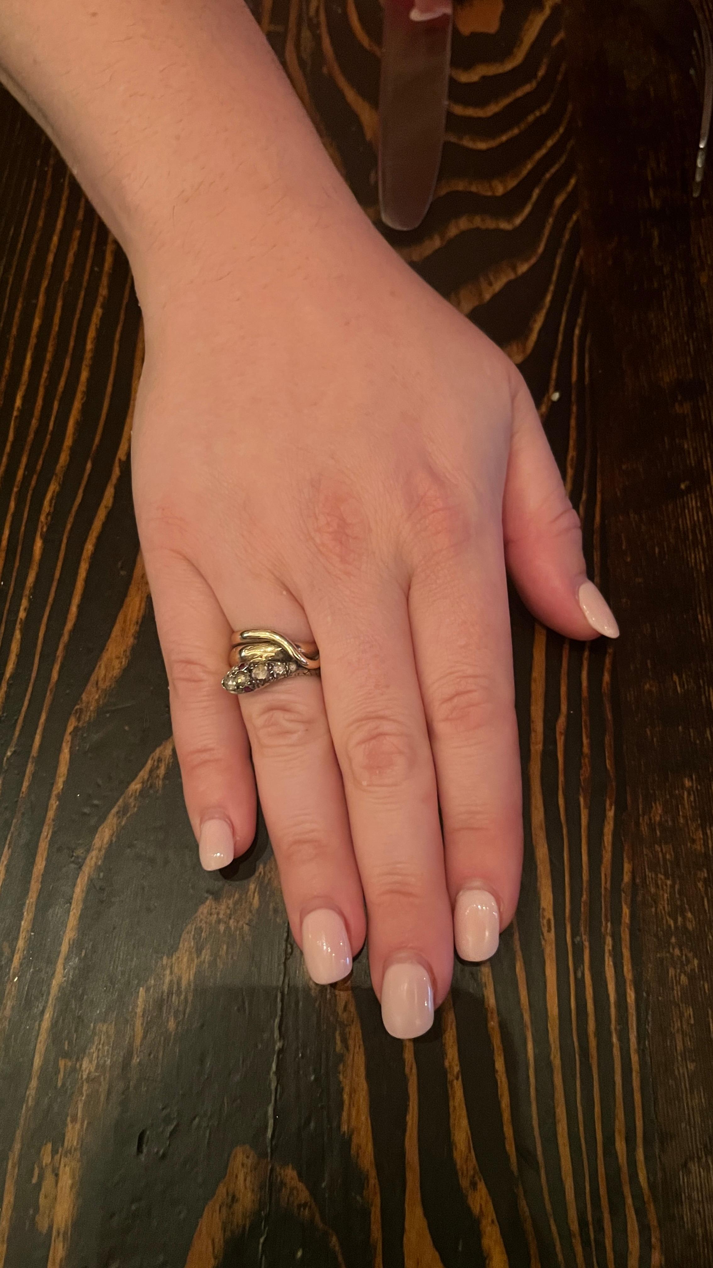C1850 18K Snake Ring Adorned with Rose Diamonds and Ruby Eyes 3