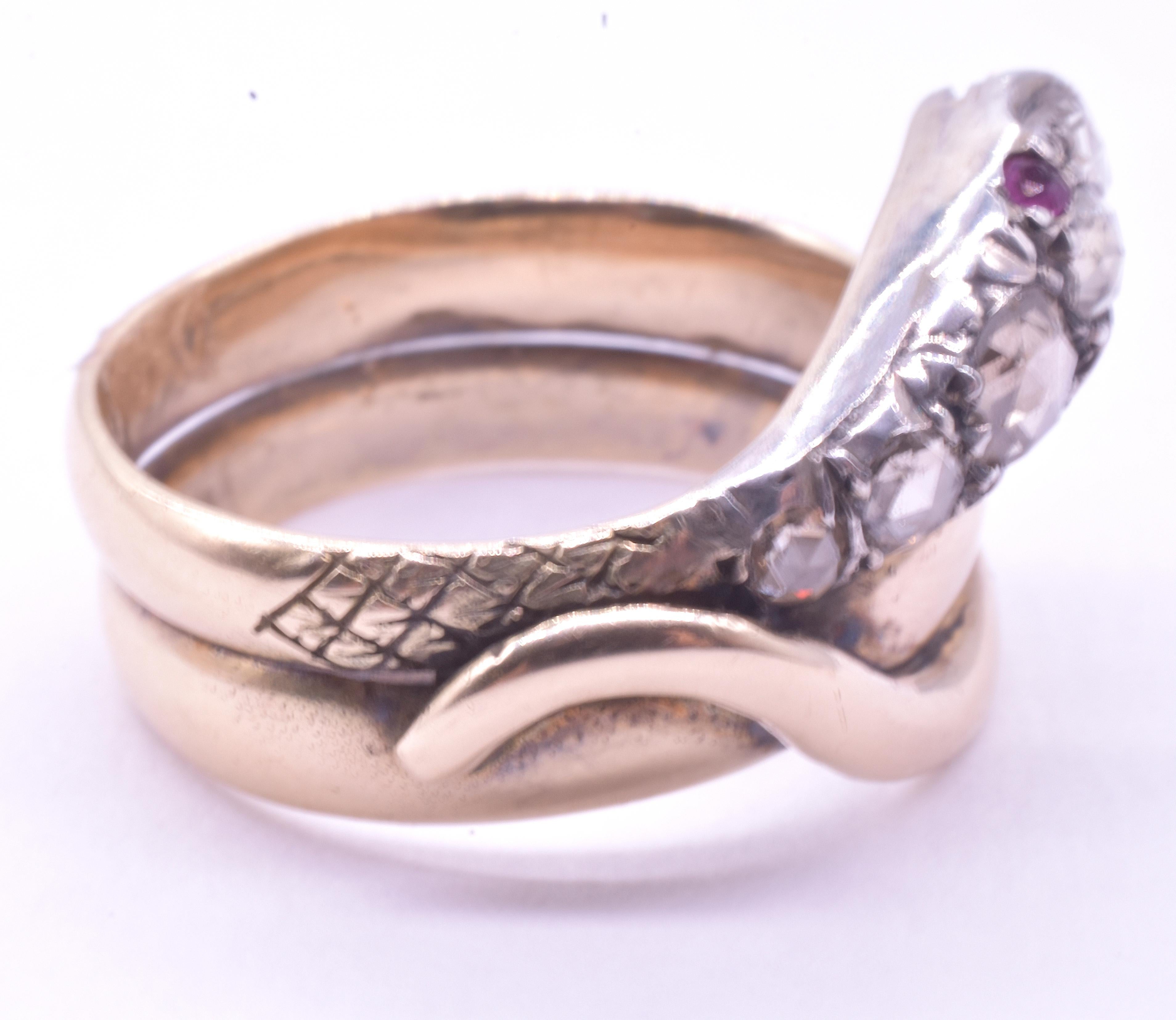 Rose Cut C1850 18K Snake Ring Adorned with Rose Diamonds and Ruby Eyes