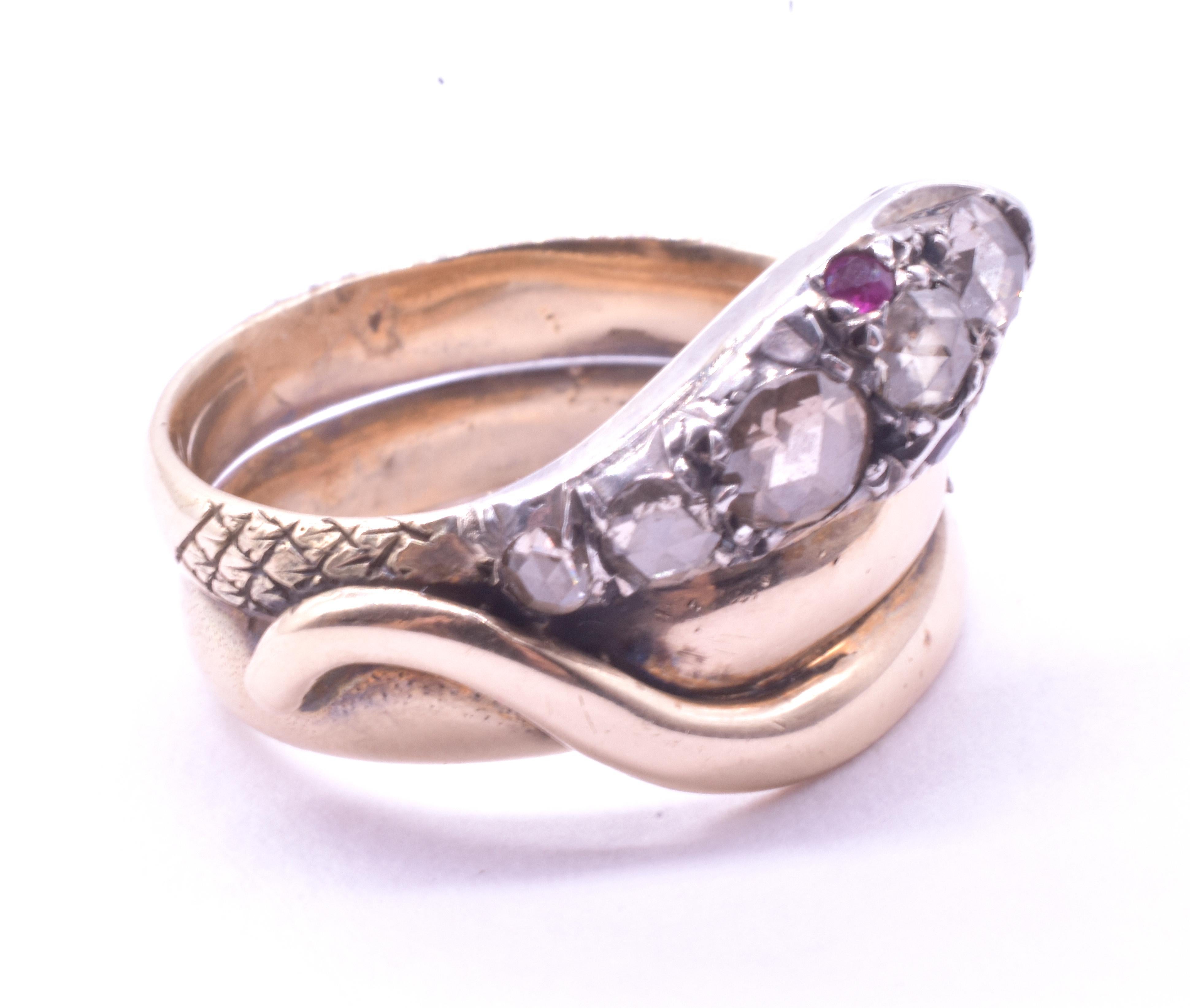 C1850 18K Snake Ring Adorned with Rose Diamonds and Ruby Eyes In Good Condition In Baltimore, MD