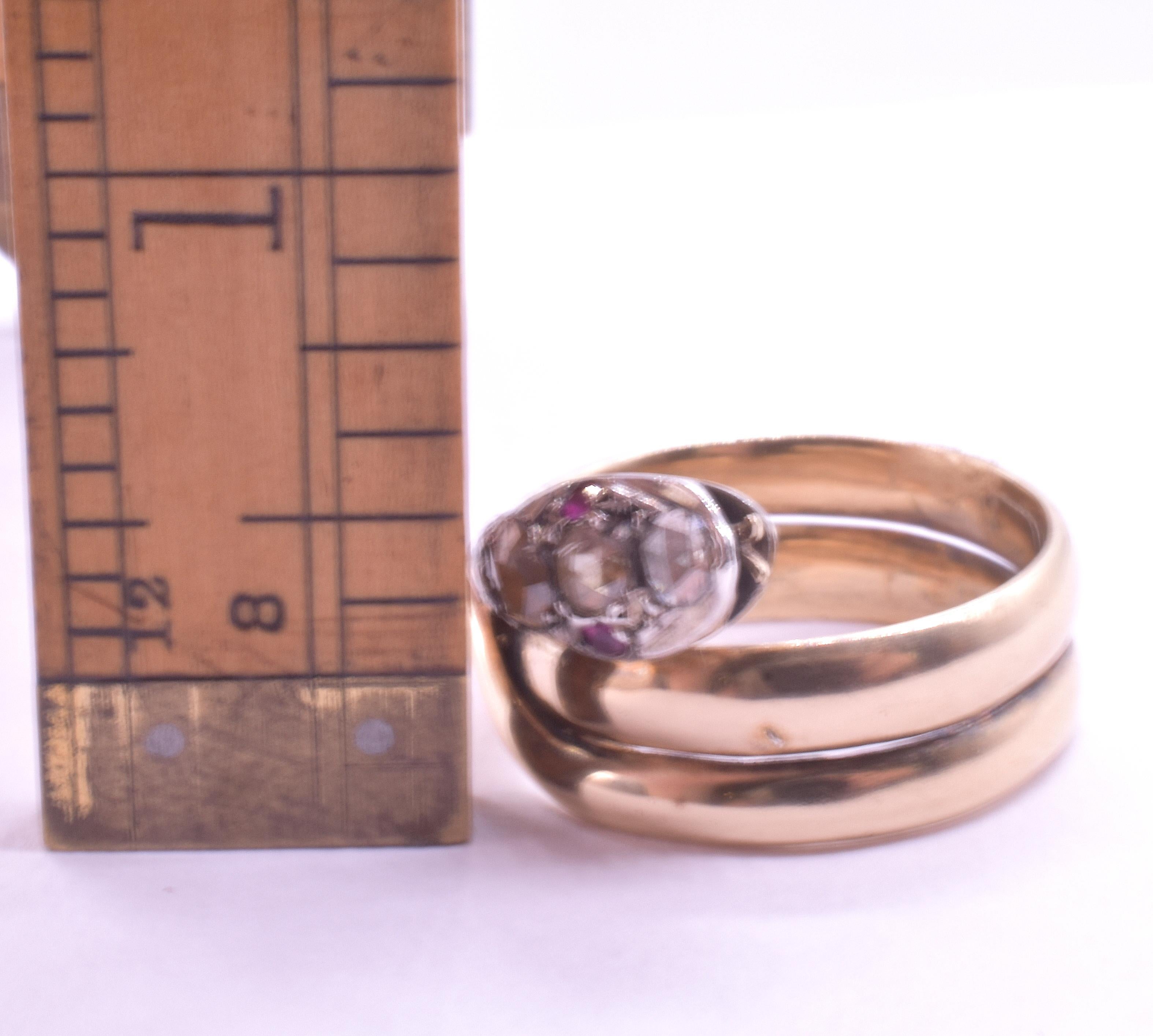 Women's or Men's C1850 18K Snake Ring Adorned with Rose Diamonds and Ruby Eyes