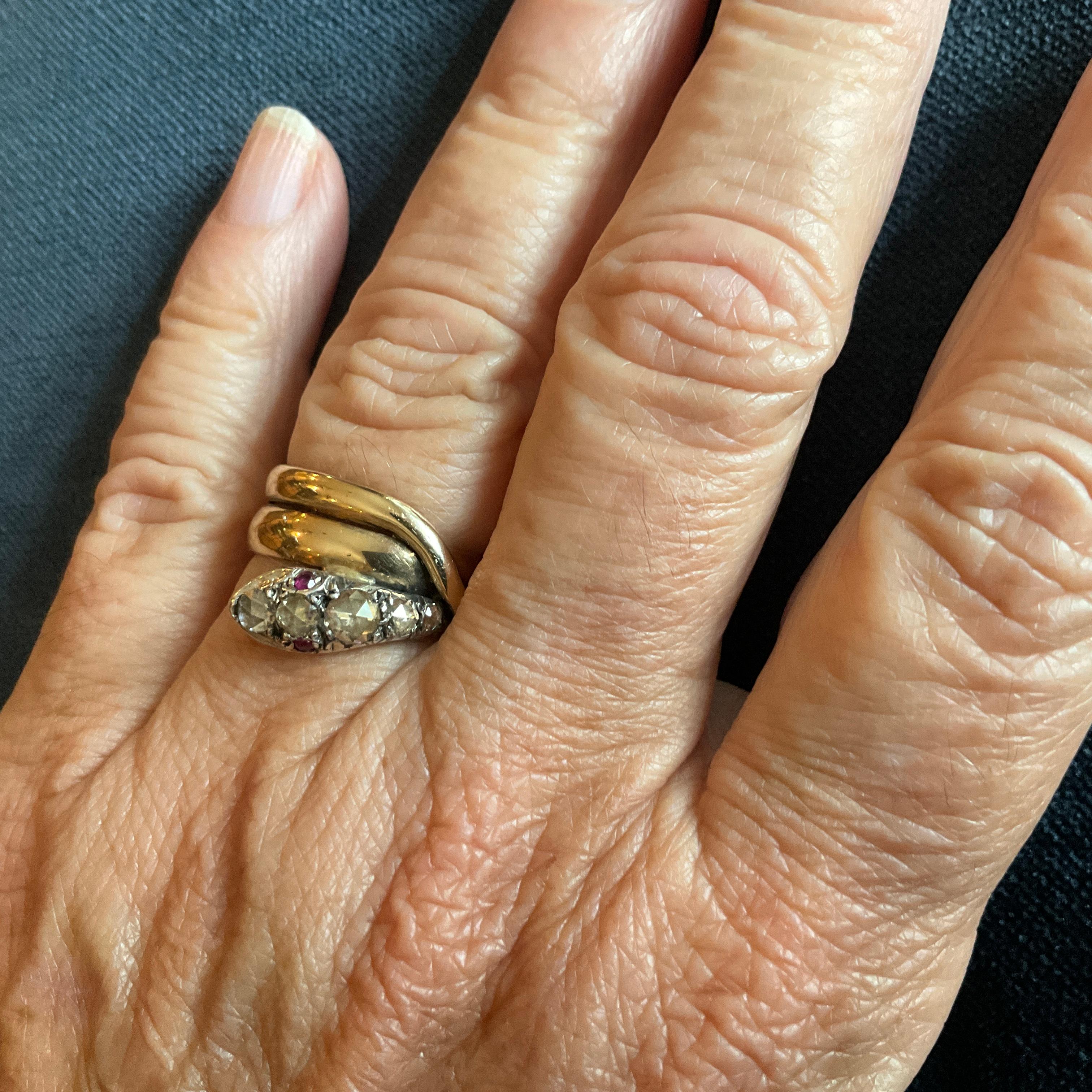 C1850 18K Snake Ring Adorned with Rose Diamonds and Ruby Eyes 1