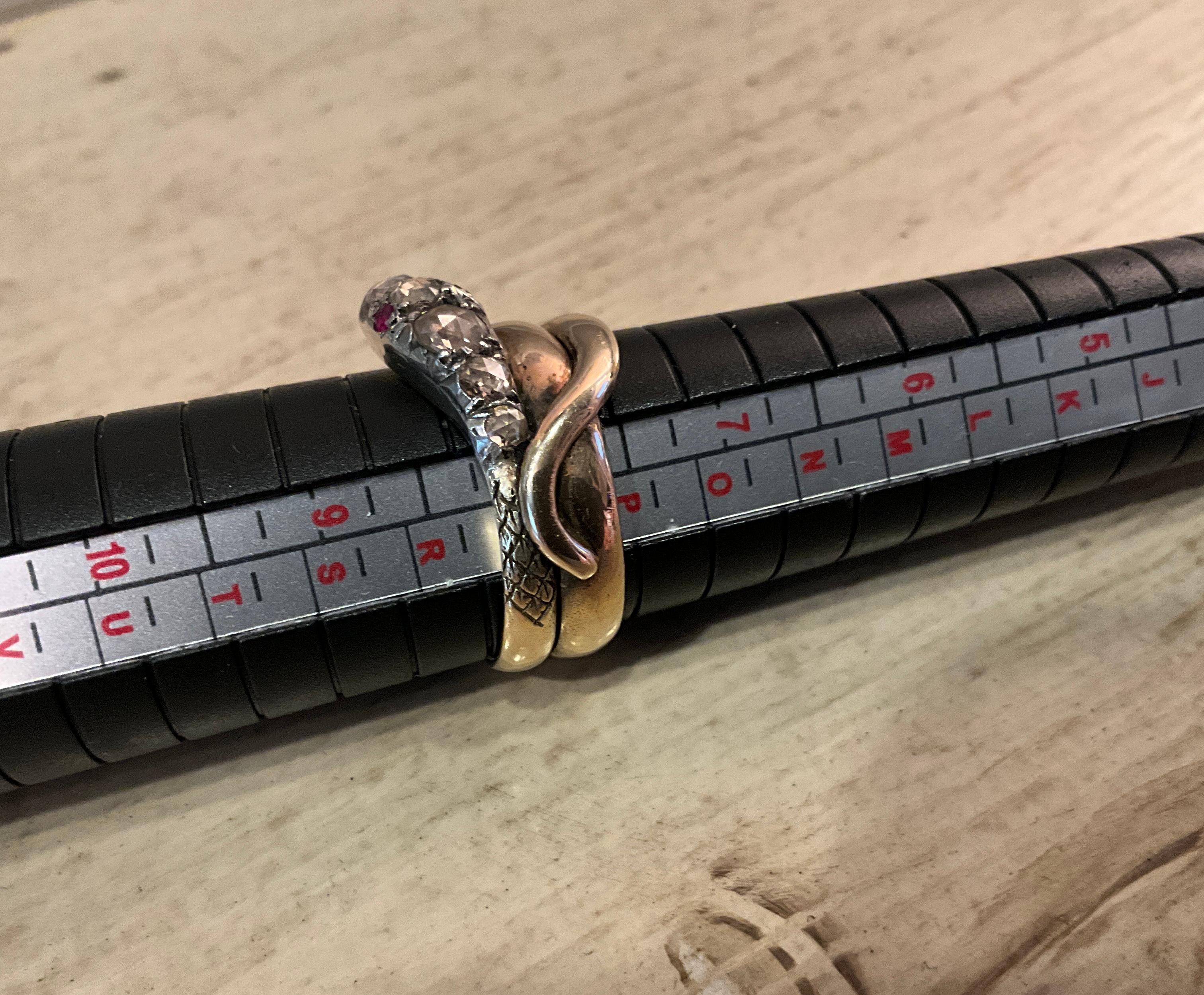 C1850 18K Snake Ring Adorned with Rose Diamonds and Ruby Eyes 2