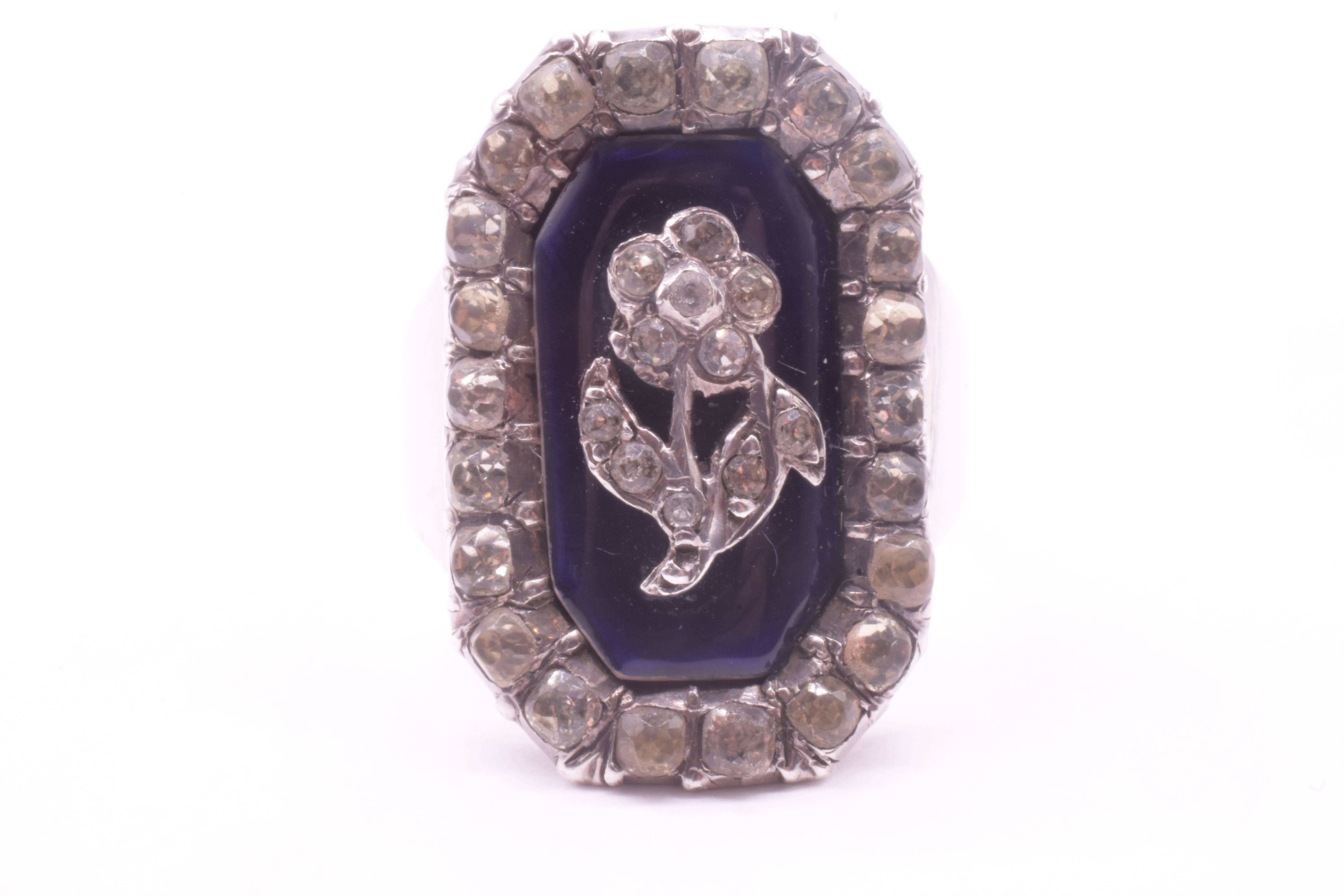 C1850 Eglomese Octagon Shaped Silver Enamel Ring with Paste Forget Me Not Design For Sale 4