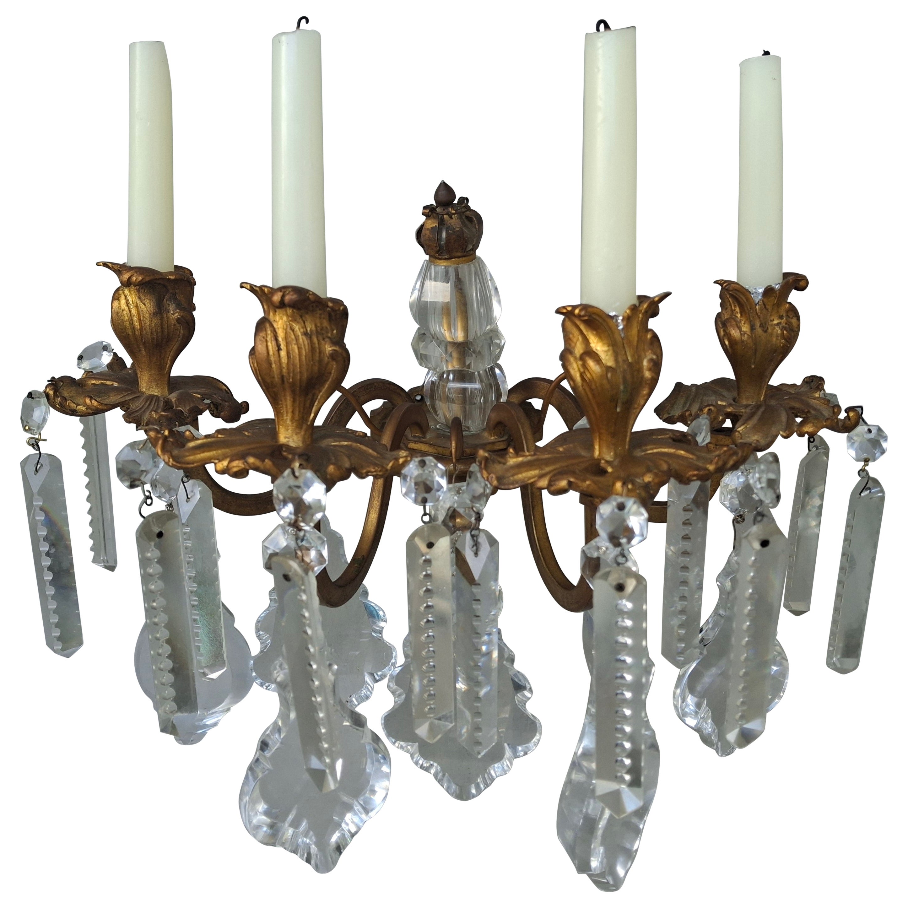 c1850 French Louis XV Gilt Bronze w/ Crystal Candle Holder Sconce Manor/ Castle