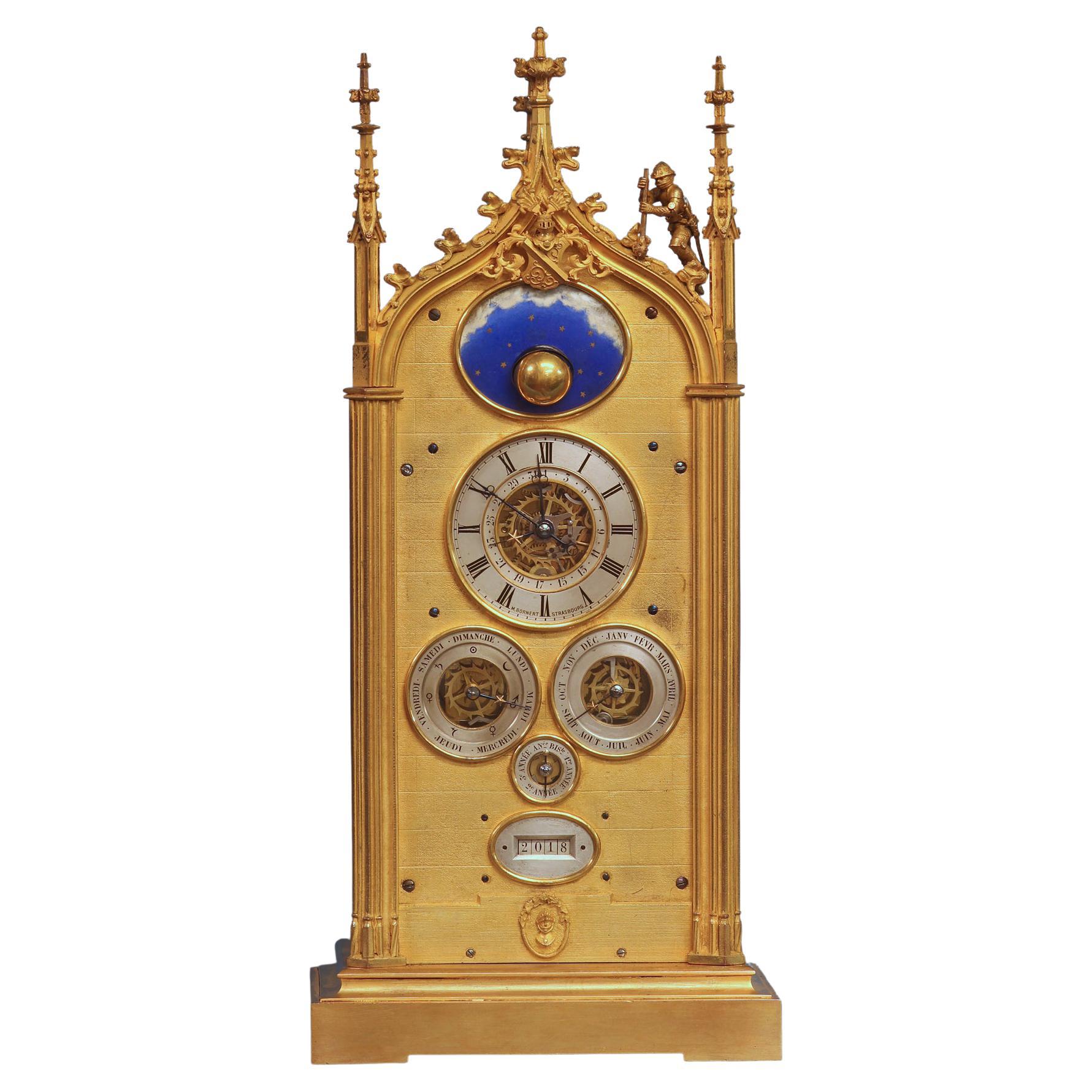 Pendule de cheminée à calendrier perpétuel à plusieurs cadrans français avec lune tournante, vers 1850