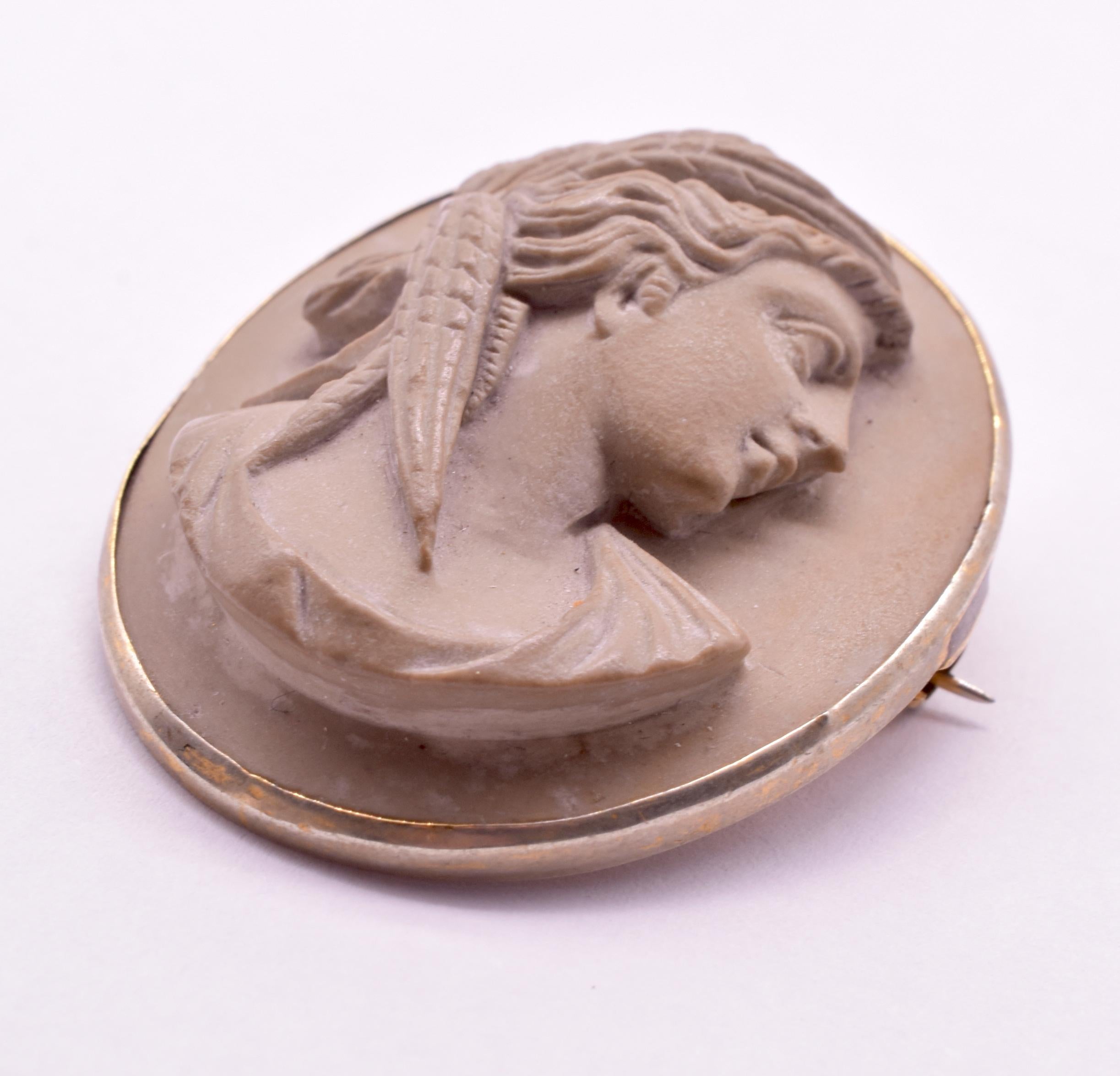 Victorian C1850 Lava Putty Cameo Brooch of Demeter, Goddess of Agriculture For Sale