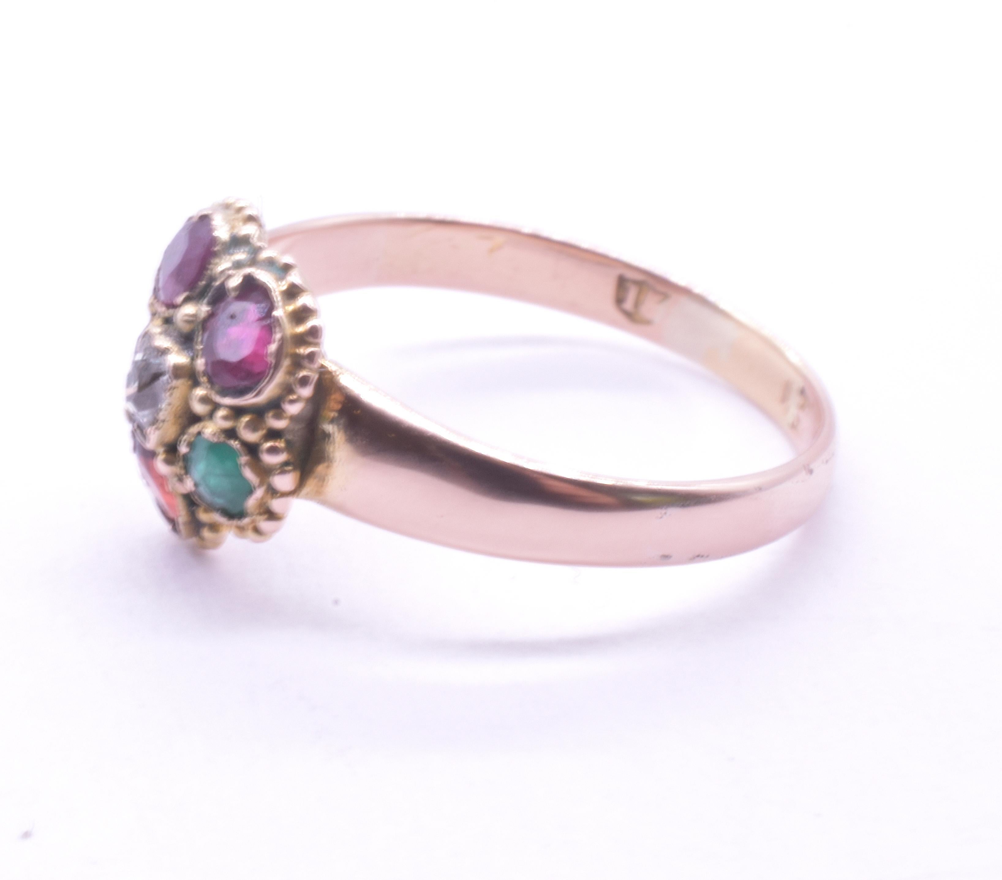 C.1860 15K REGARD Anillo Floral c Rubí, Esmeralda, Granate, Amatista, Rubí, Diam en Bueno estado para la venta en Baltimore, MD