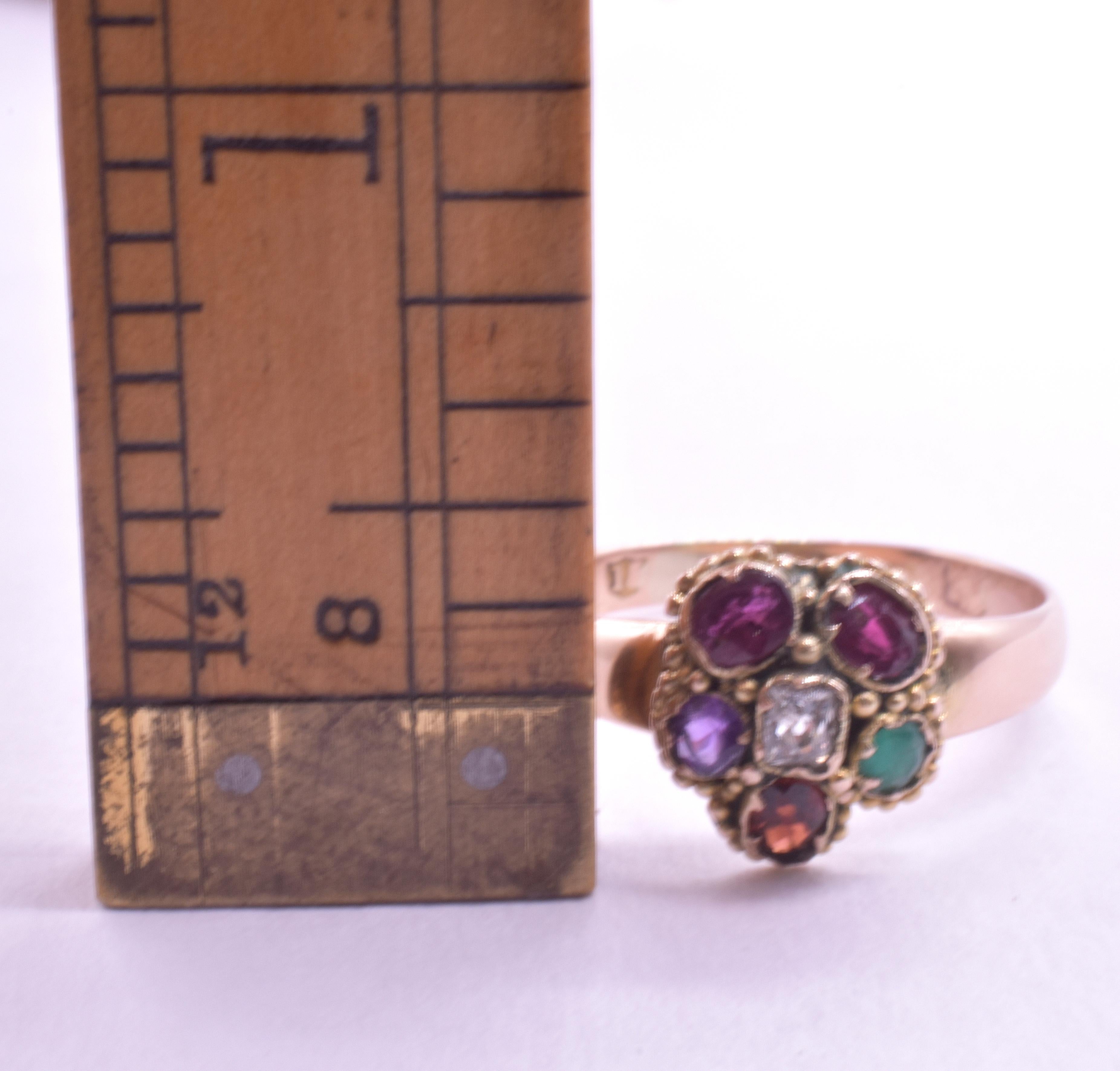 Femenino o masculino C.1860 15K REGARD Anillo Floral c Rubí, Esmeralda, Granate, Amatista, Rubí, Diam en venta