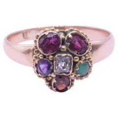 C.1860 15K REGARD Flower Ring w Ruby, Emerald, Garnet, Amethyst, Ruby, Diam