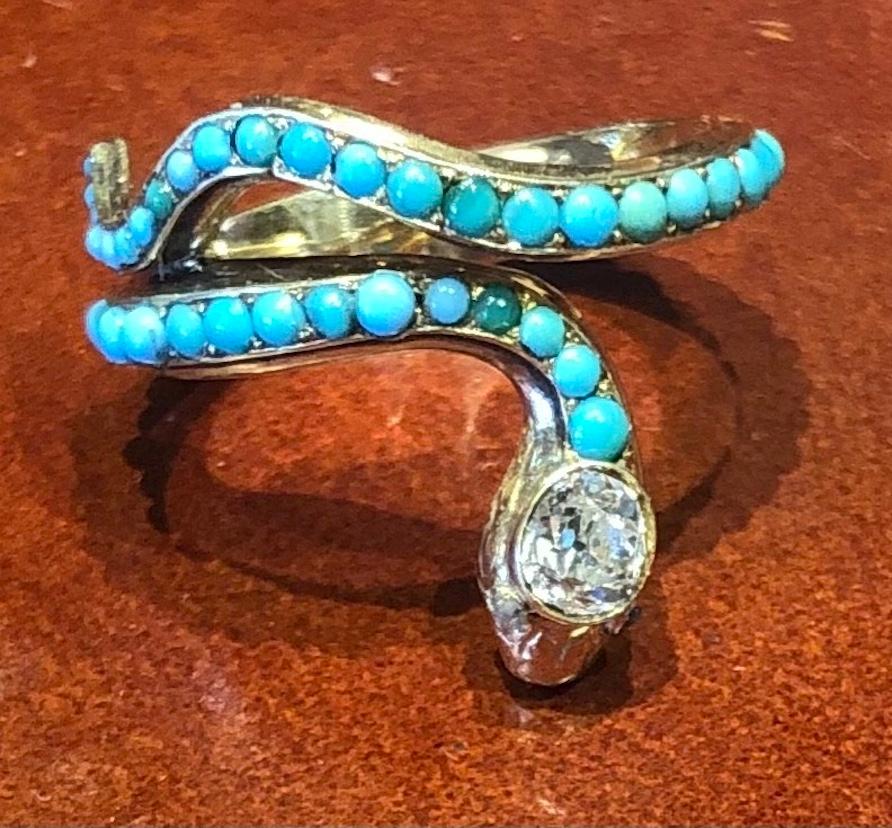 Early Victorian c1860 15K yellow gold Turquoise snake ring For Sale