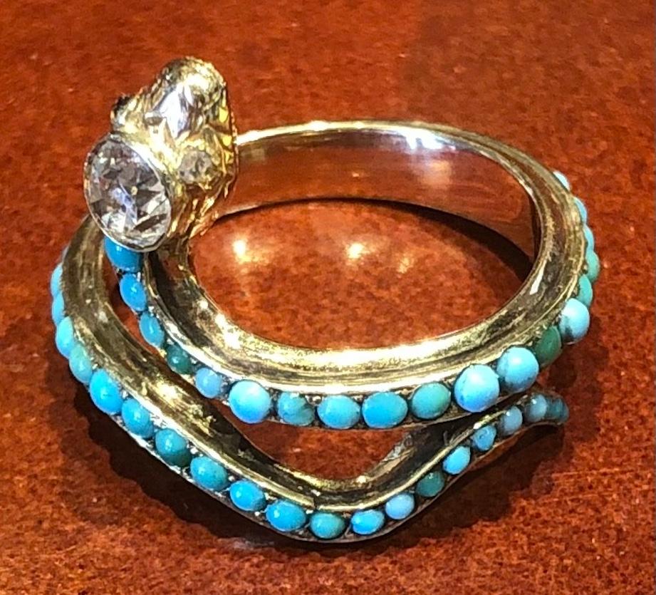 Women's or Men's c1860 15K yellow gold Turquoise snake ring For Sale