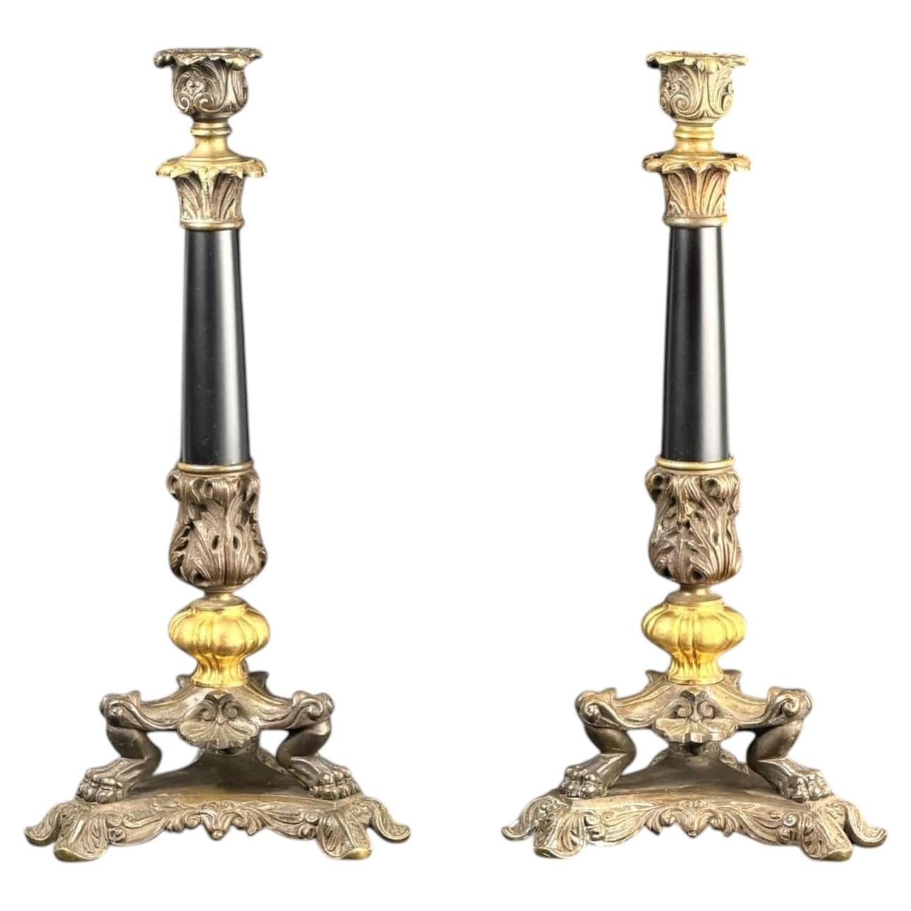 c.1860–1880 French Bronze & Black Marble Candlesticks Pair, Louis XV Style, 13.2 For Sale