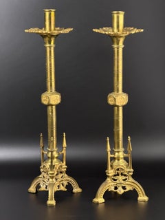 c.1860–1880 Pair of Gothic Revival Bronze Church Candlesticks, France, 16.5in