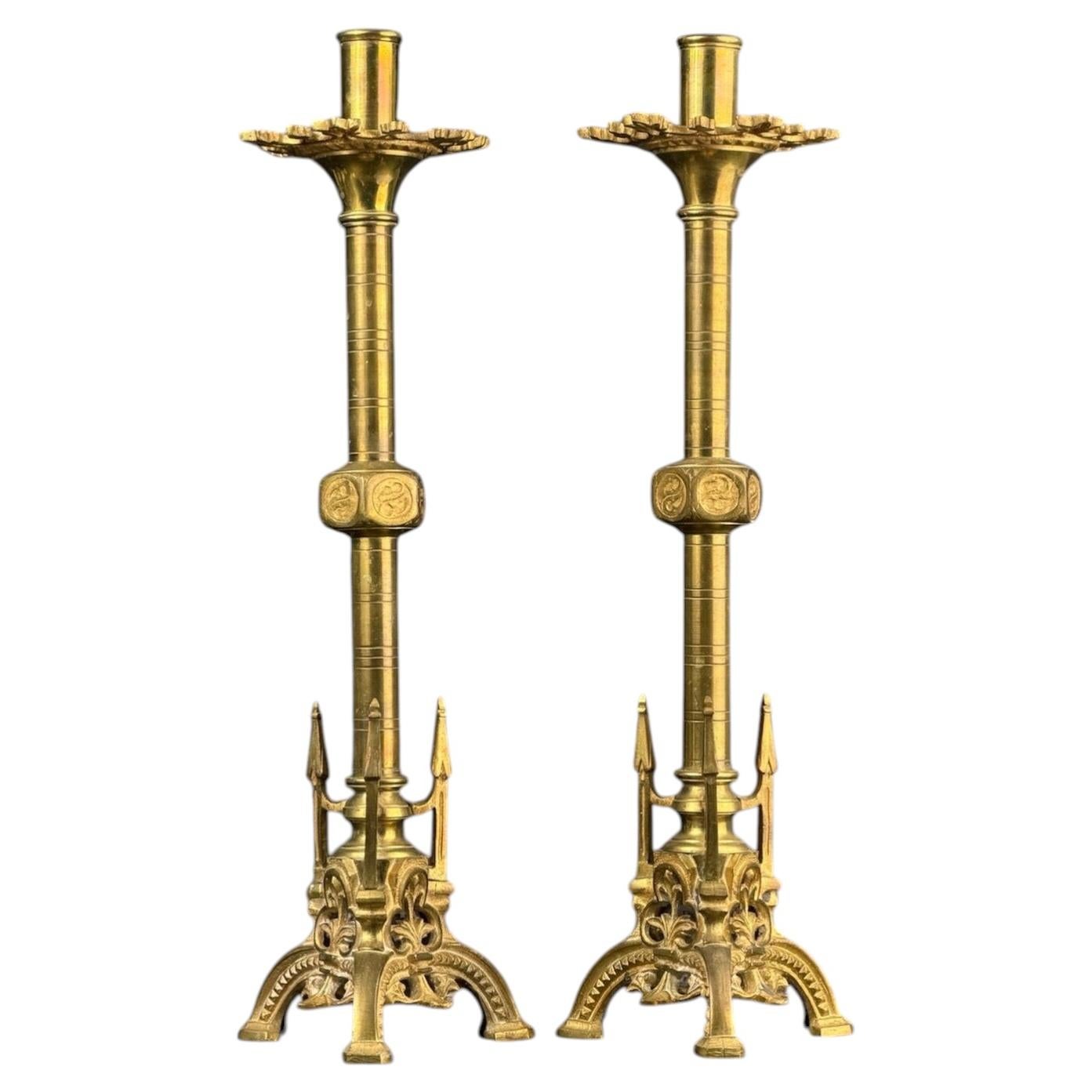 c.1860–1880 Pair of Gothic Revival Bronze Church Candlesticks, France, 16.5in