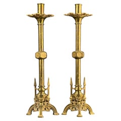 c.1860–1880 Pair of Gothic Revival Bronze Church Candlesticks, France, 16.5in