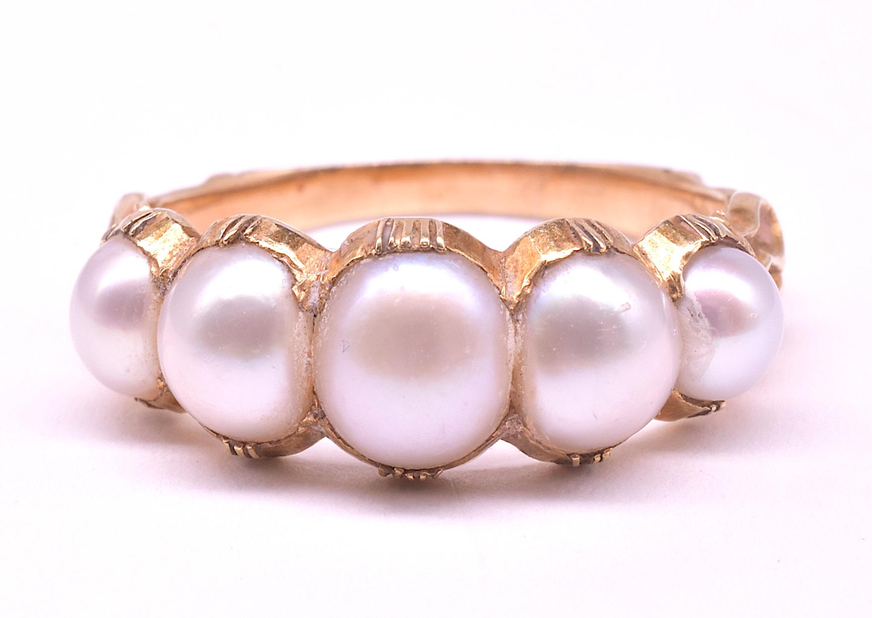 Lovely soft pearl five stone Georgian ring with five perfectly matched natural pearls, graduated in size, in a  crimped collet setting. Half hoop rings were a popular 19th century style, where the emphasis is on the stones and the stones are set a