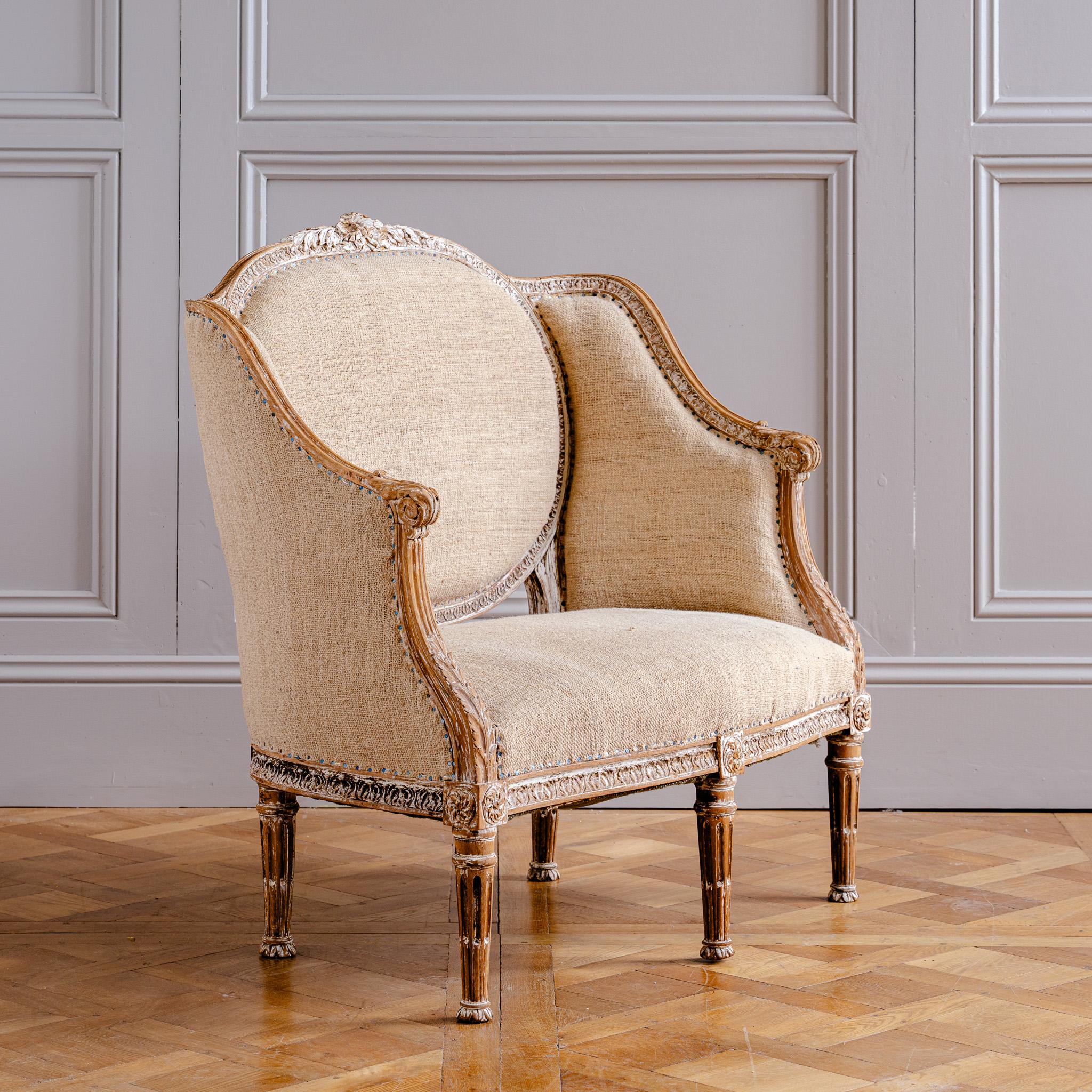 C.1860 Louis XVI Revival Französisch Marquise Stuhl (Wide Bergere), Second Empire (Handgeschnitzt) im Angebot