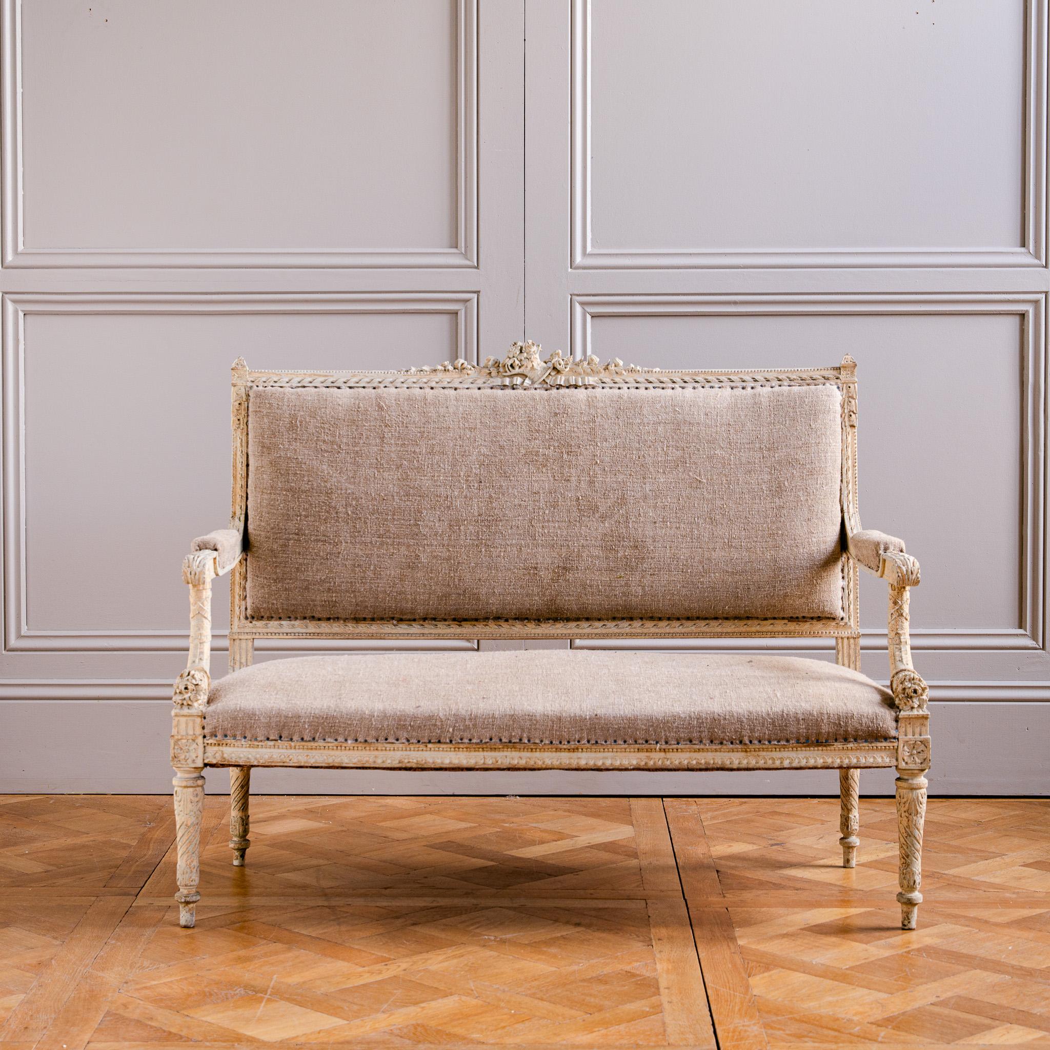 Hand-Painted C.1860 Louis XVI Revival French Straight-Back Sofa/ Settee, Second Empire For Sale