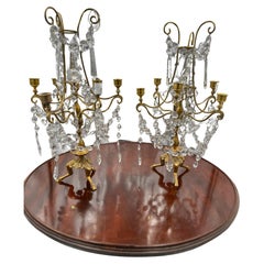 Antique C1860 Pair Of Elegant Girandoles in Gilded Bronze with Crystal Ornaments