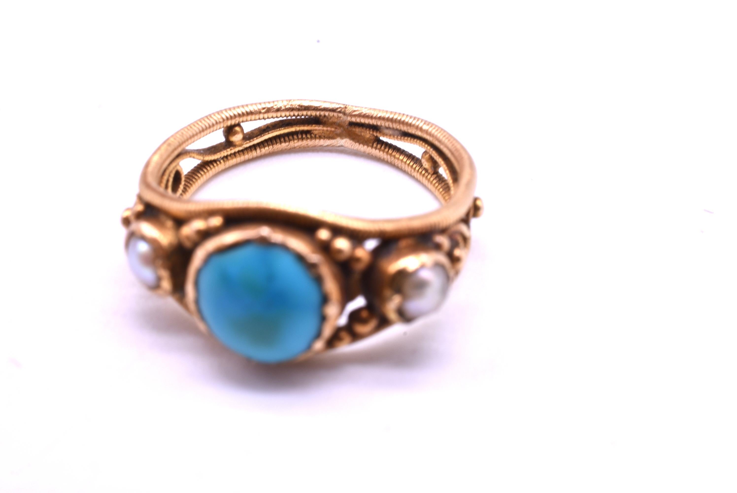 Early Victorian 15 Karat Turquoise and Pearl Baby Ring, circa 1860 For Sale