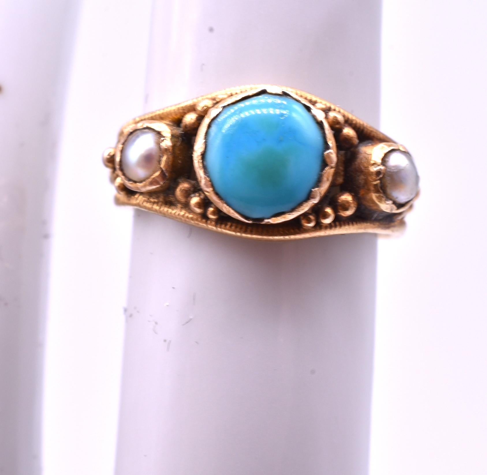 Cabochon 15 Karat Turquoise and Pearl Baby Ring, circa 1860 For Sale