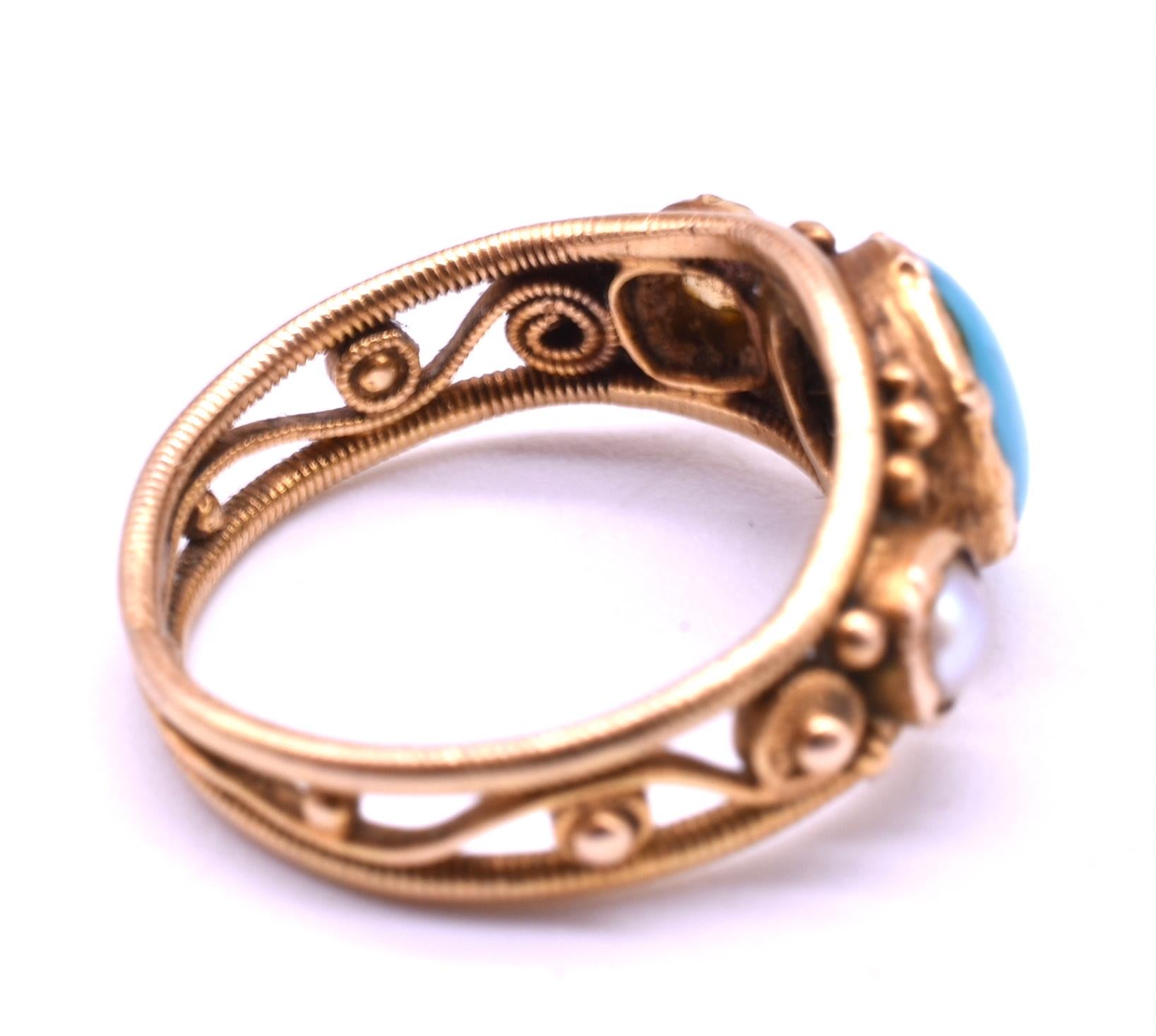 Women's or Men's 15 Karat Turquoise and Pearl Baby Ring, circa 1860 For Sale