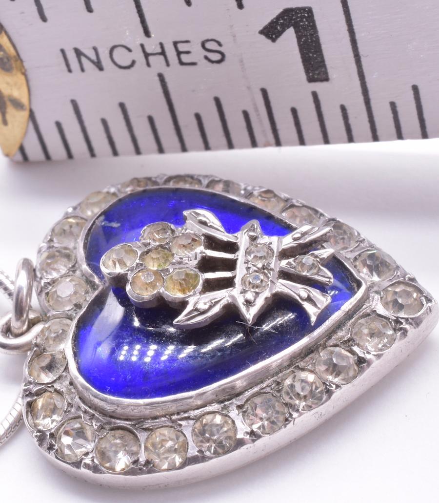 Early Victorian Silver Royal Blue Enamel and Paste Heart Pendant with Bouquet, circa 1860 For Sale