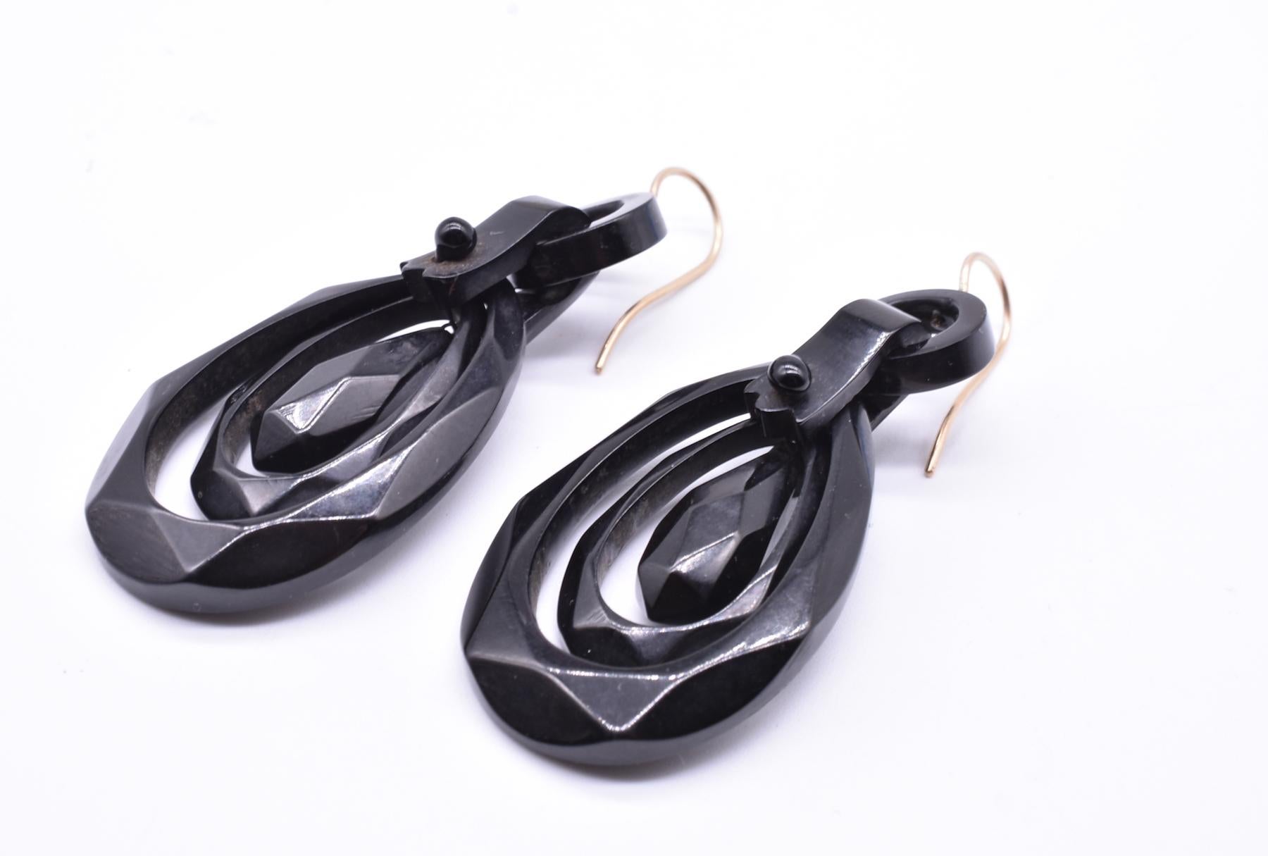 Victorian Whitby Jet Teardrop Shape Faceted Earrings, circa 1860 For Sale