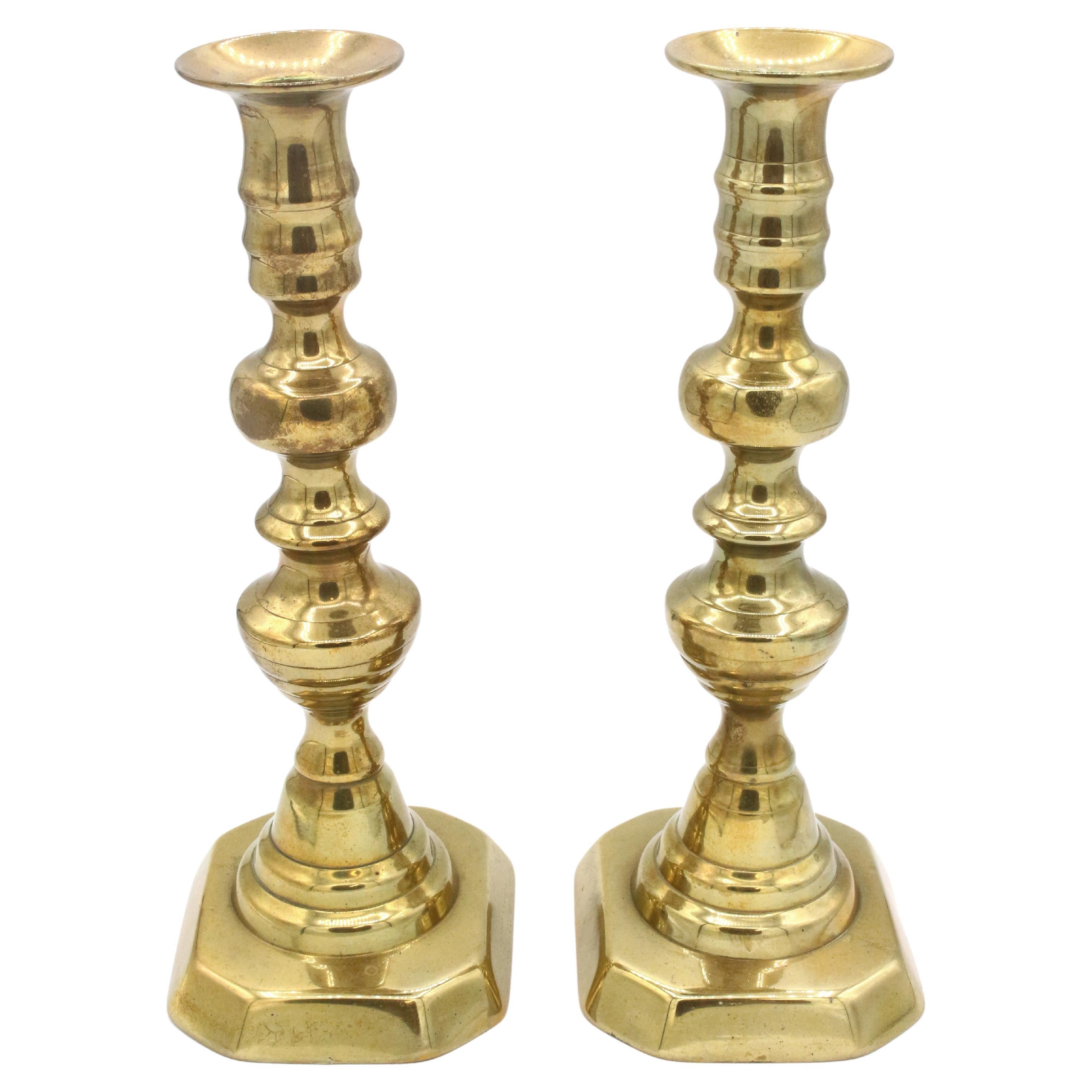 Pair of English Beehive Design Brass Candlesticks, circa 1860s