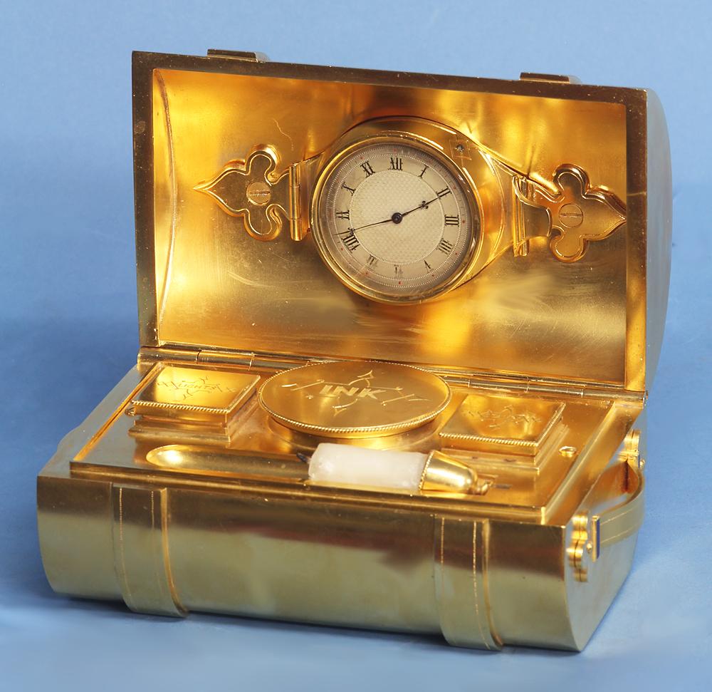 Swiss c.1862 Gilt-Bronze and Enameled Inkwell in Shape of Trunk
