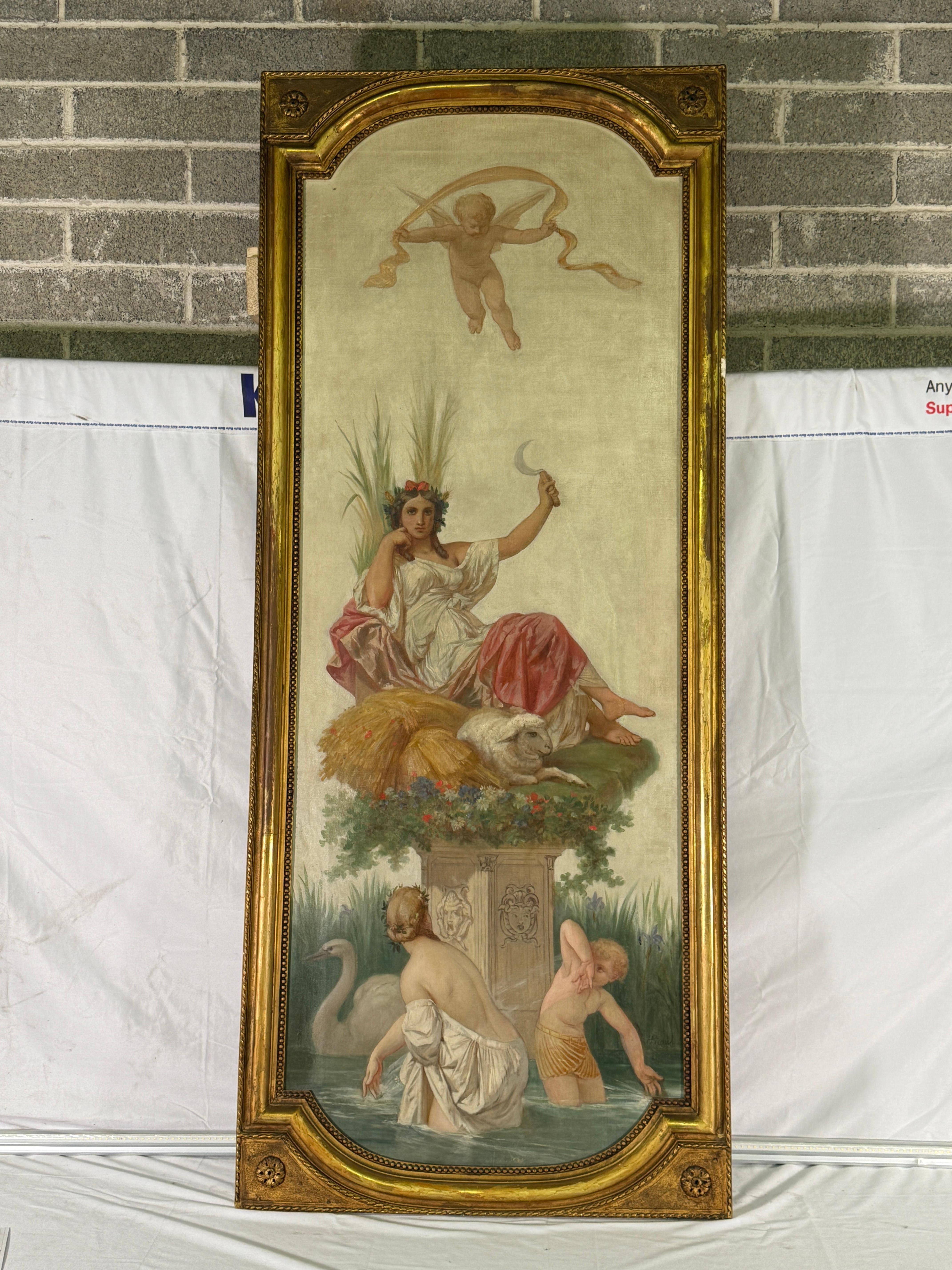C1865 Antique French Allegorical Summer Oil Painting - By Henri Picou
The Neo-Greco woman is holding a scythe in her hand. Beautifully executed. 
Unique piece purchased in France. Age appropriate wear, see detailed photo or message us with
