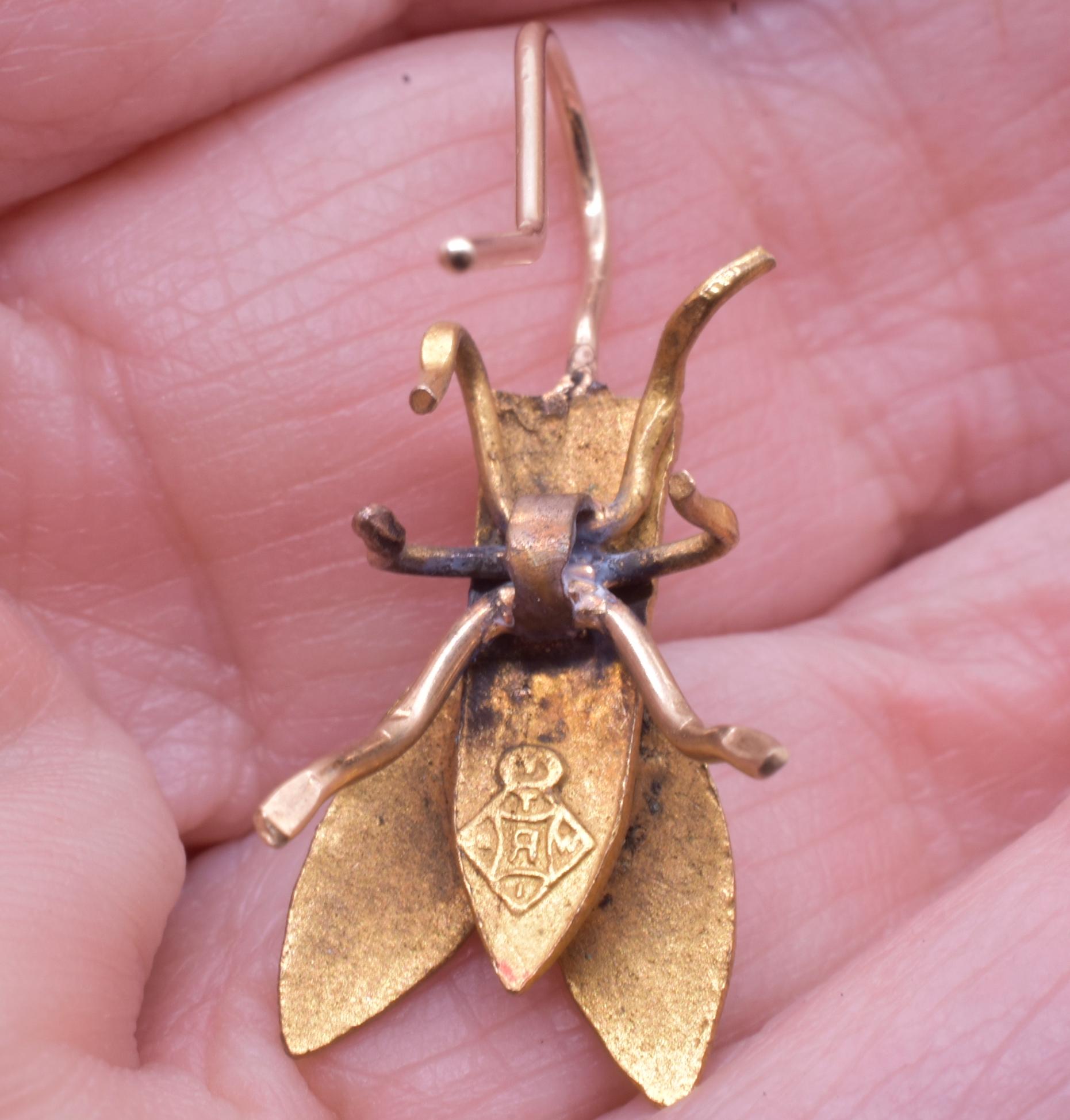 Women's or Men's C1867 Gold toned Realistic Fly Earrings w/ Diamond Registry Mark